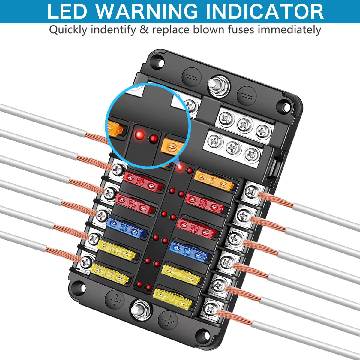 tatida 12 Way 12V Blade Fuse Block - 12 Circuit ATC/ATO Fuse Box with LED Indicator & Waterproof Cover for Automotive Truck Boat RV