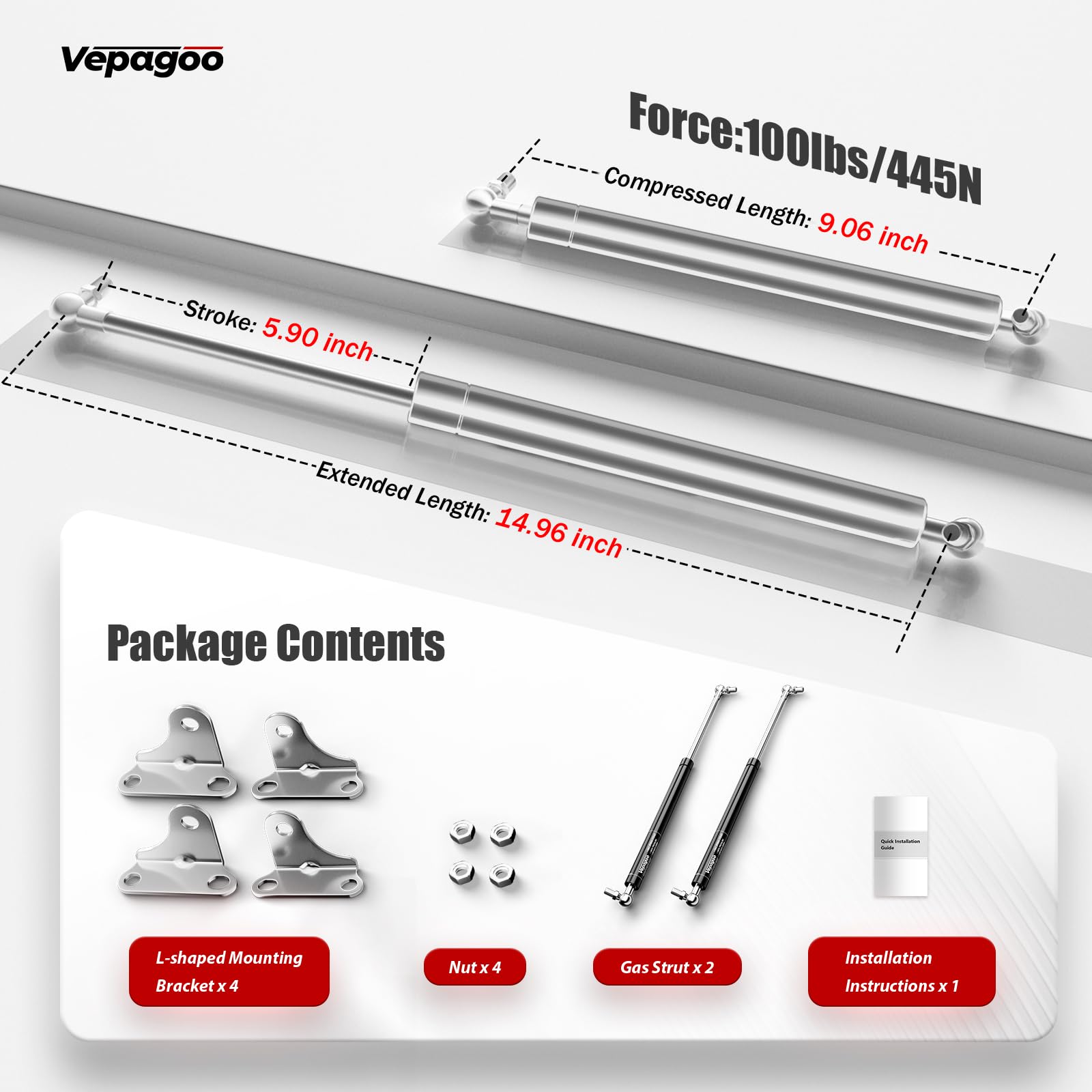 Vepagoo 15 Inch 100Lb/445N Stainless Steel Gas Struts Shock For Boat Hatch, Marine Spring Prop Lift Support With Brackets For Rv