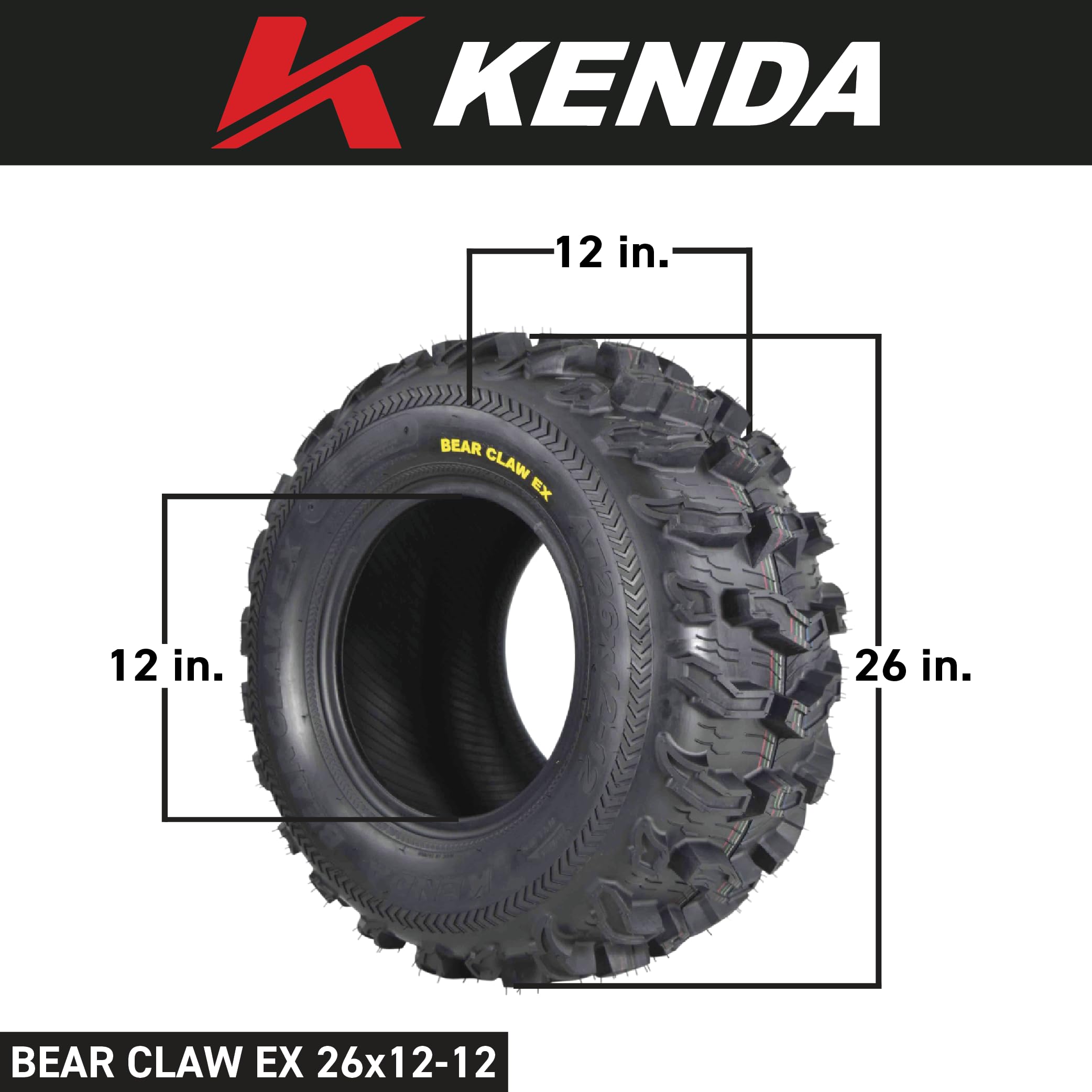 Kenda Bearclaw EX K573 Rear Tire - 6-Ply, 26x12-12 for ATV, UTV, SxS Vehicles - Durable Rubber Construction