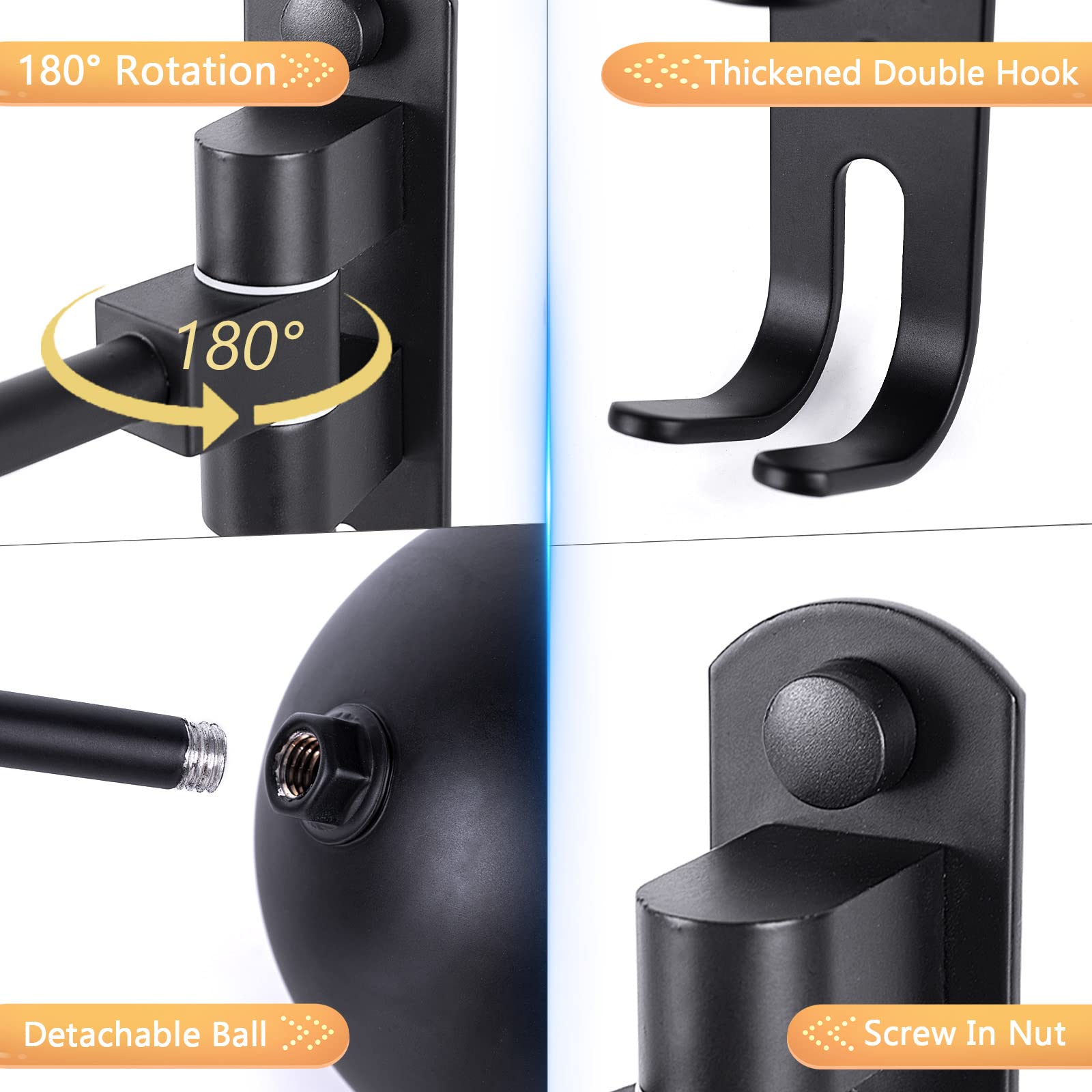 Kikerike Motorcycle Helmet Rack Wall Mount - 180° Rotation Metal Holder, Black, 2 Pcs, Ideal for Bike, Baseball & Rugby Helmets