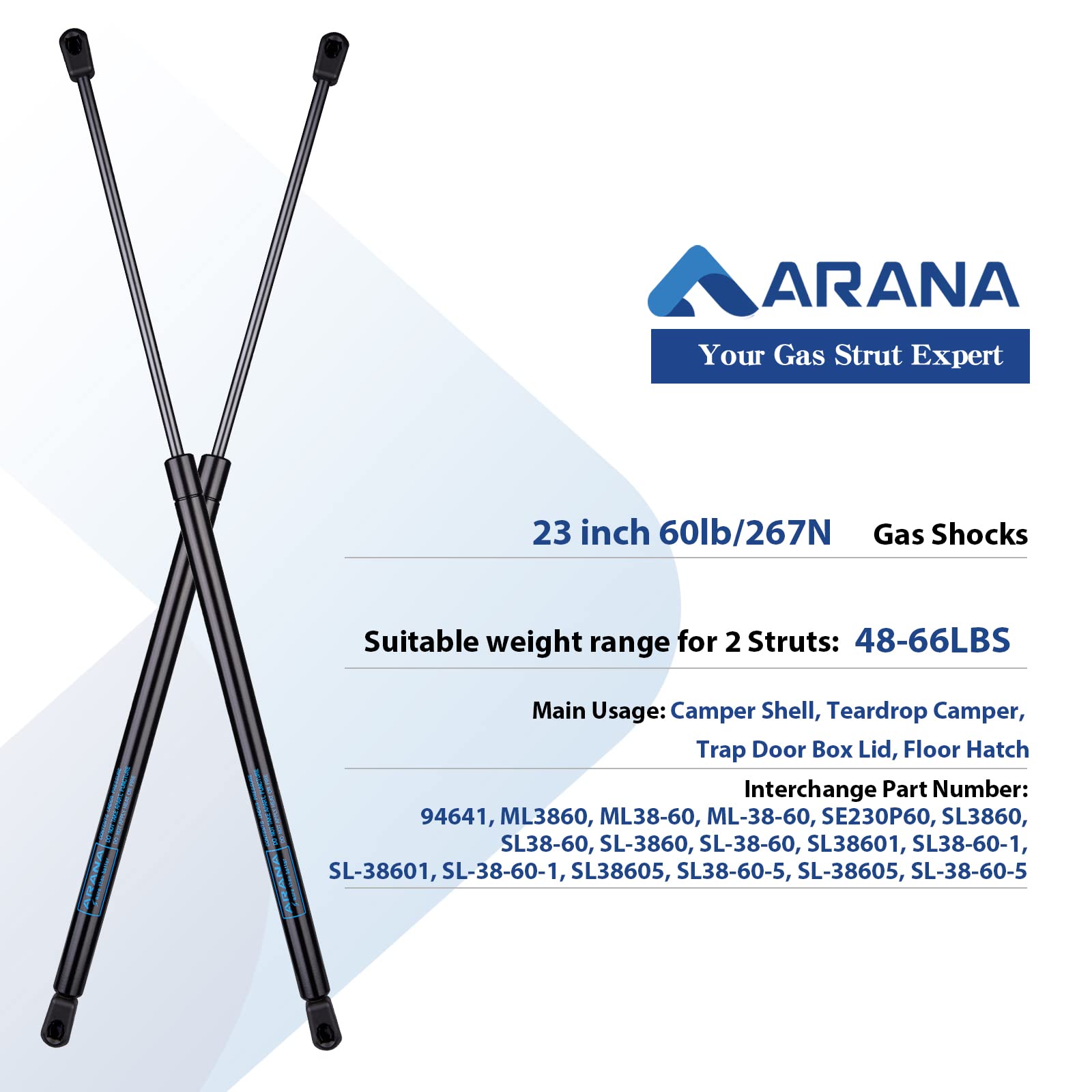 Arana Ml3860 23 Inch 60Lb Gas Struts Prop Springs Shocks, Se230P60 23'' 60Lb Replacement Lift Supports For Rv Bed Camper Shell T