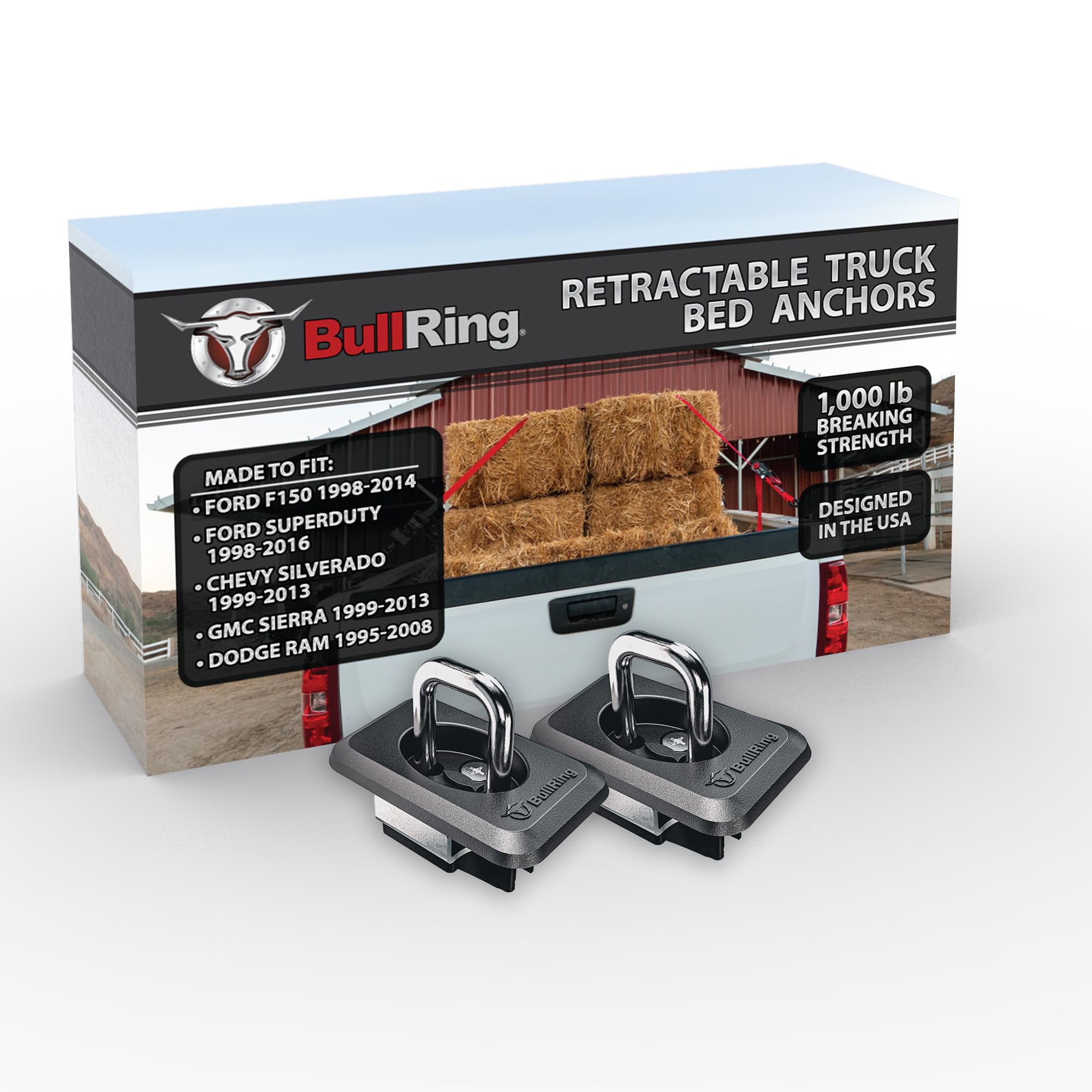Bull Ring Raised Fit Retractable Truck Bed Tie Down Anchors for  98-14 Ford F150,  98-16 Ford Super Duty,  99-13 Chevrolet Si