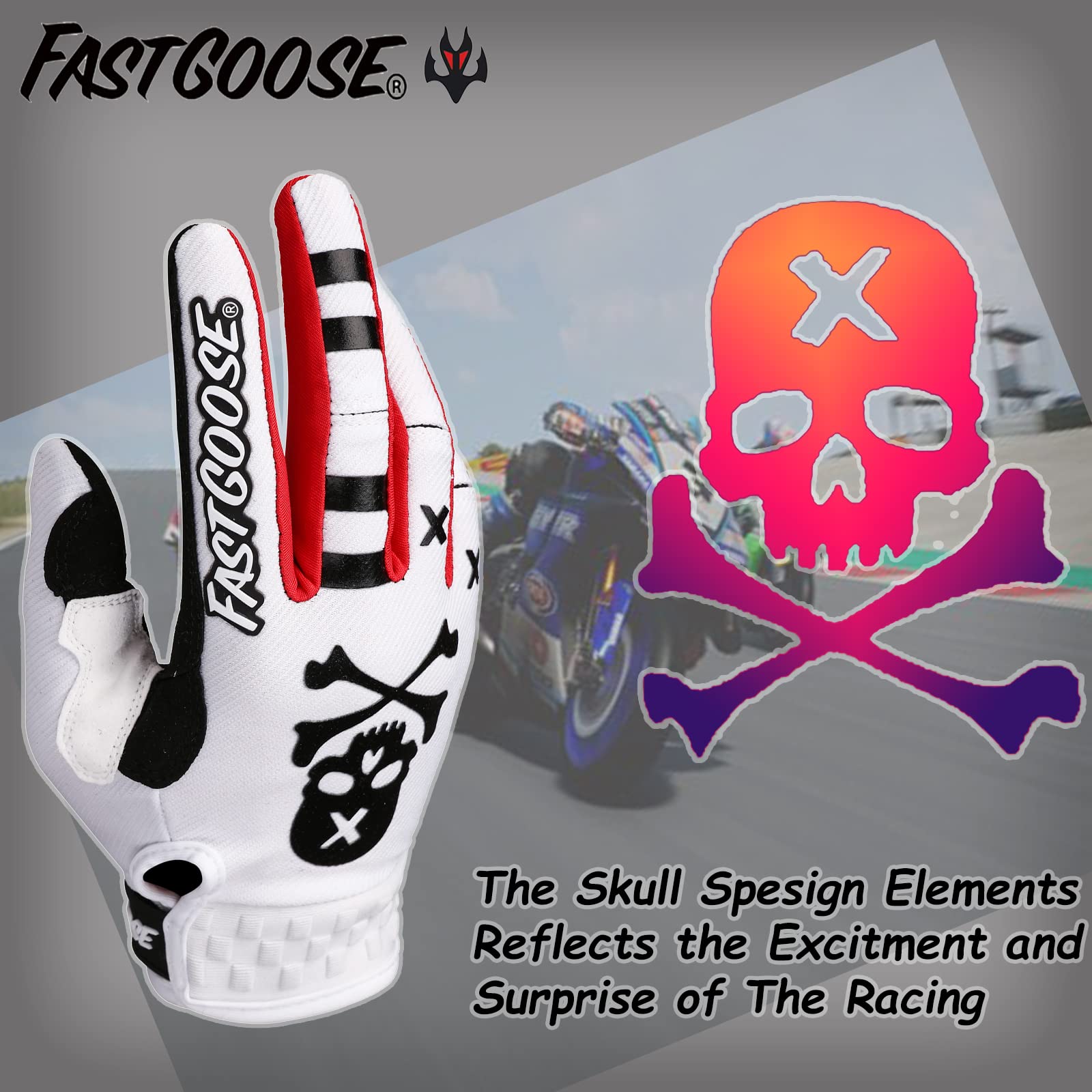 FASTGOOSE Dirt Bike Gloves, White, Medium, Spandex Material, Motocross, ATV MX MTB Off Road Racing Cycling Gear