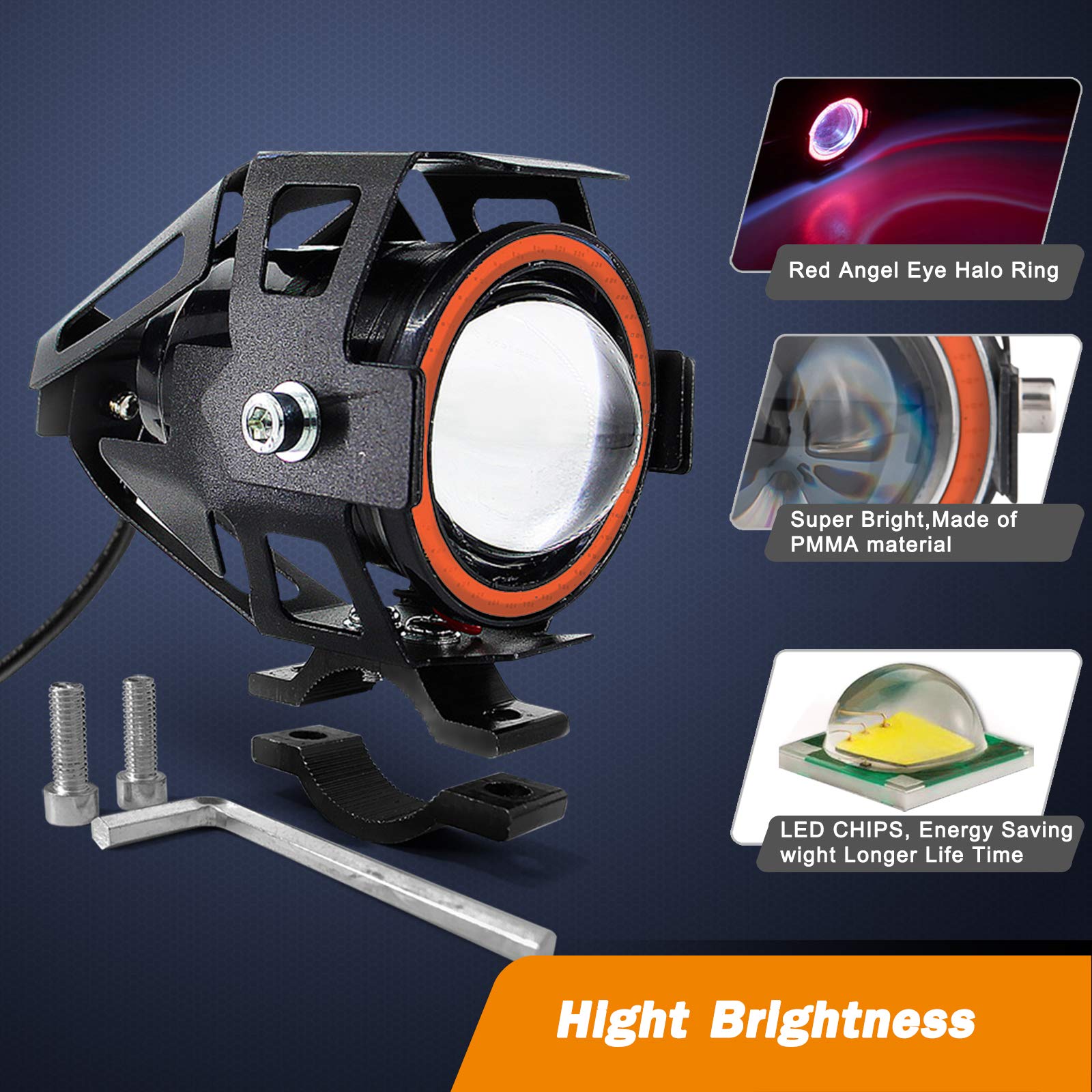Motorcycle Led Fog Lights U7 Spotlight Daytime Running Lights With Red Angel Eyes Halo Ring And On/Off Toggle Switch 2-Sets
