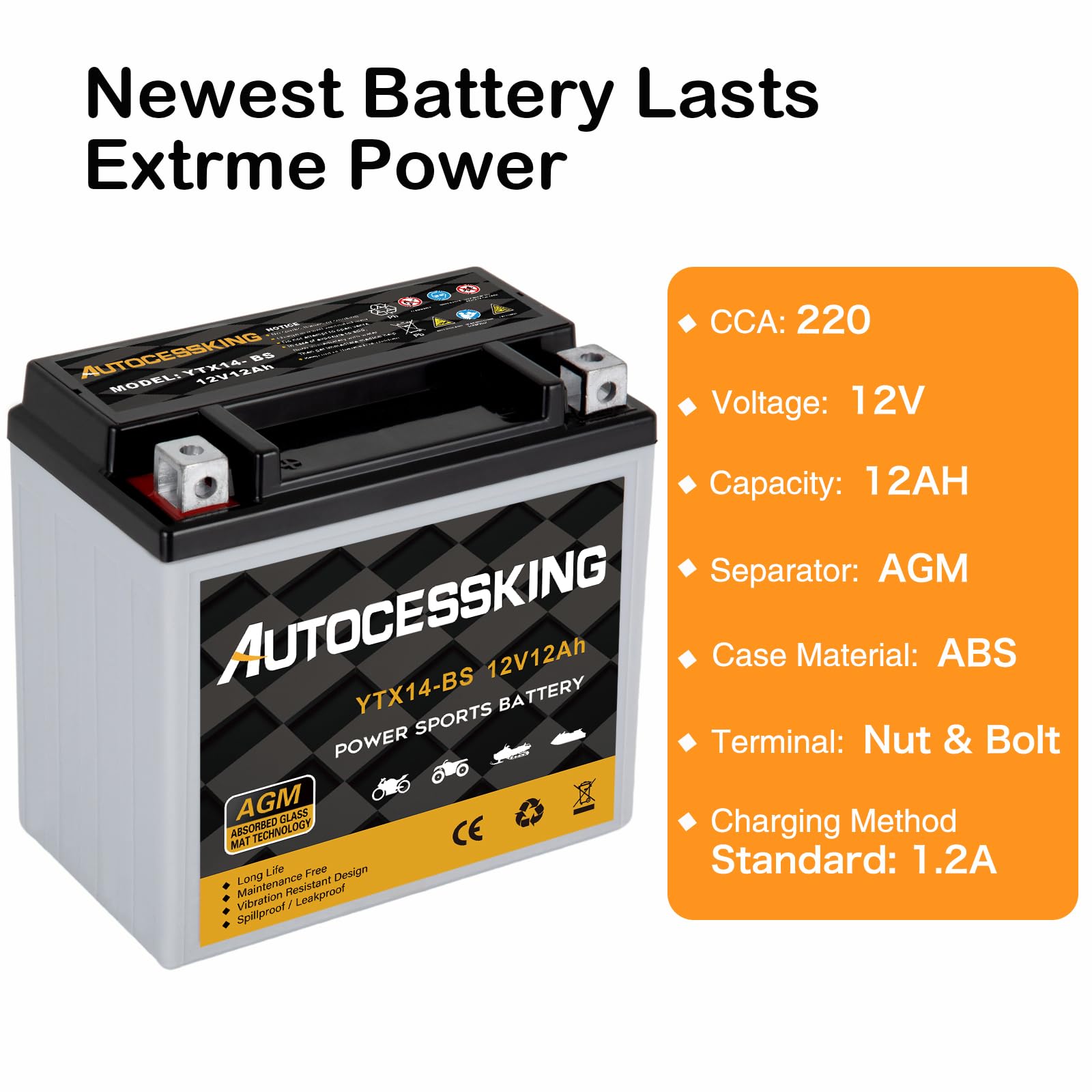 Autocessking YTX14-BS 12V 12Ah Sealed AGM Motorcycle Battery - Maintenance Free Powersport Replacement for ATV/Scooter