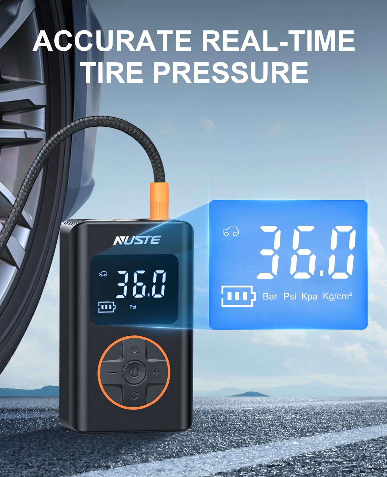 NUSTE Portable Tire Inflator Air Compressor, 150 PSI, Small, Orange, Model CZK-5646, with Dual Screen and LED Light