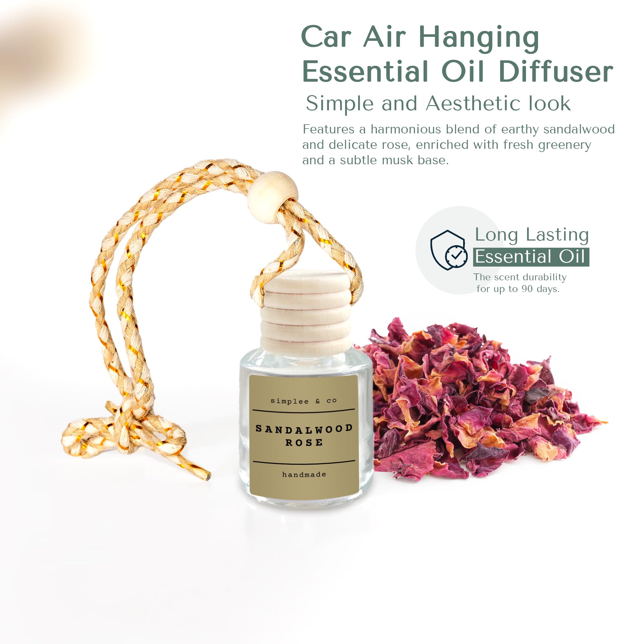 Sandalwood Rose Car Air Hanging Essential Oil, Car Air Freshener Diffuser, Long Lasting Essential Oils, Aromatherapy Vehicle Dif