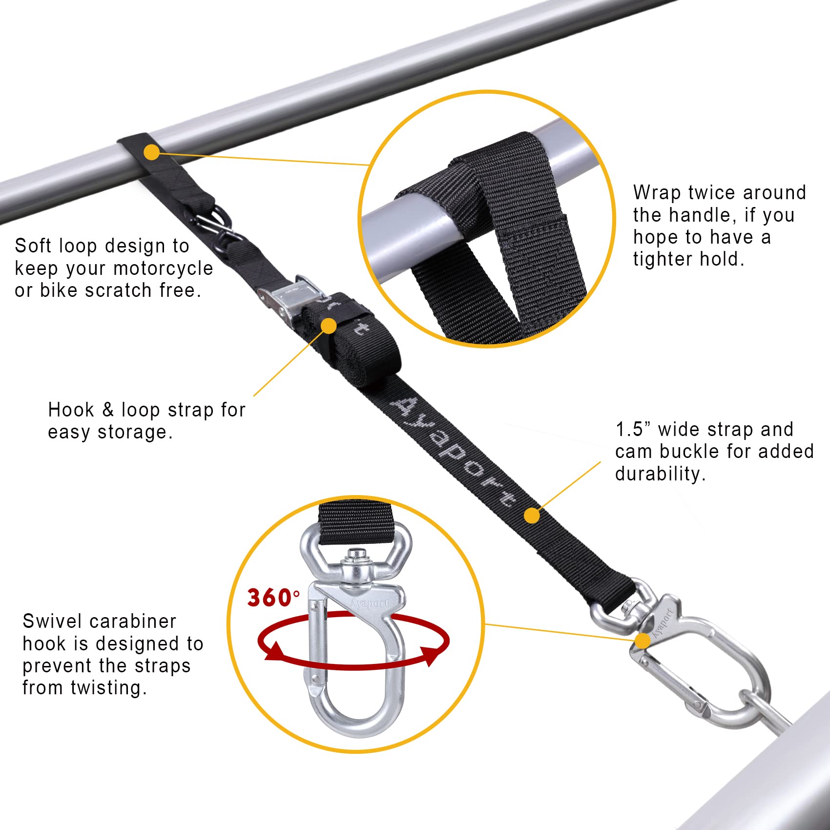 Ayaport Motorcycle Tie Down Straps 1.5"x8' Black, with Swivel Carabiner Hooks, Durable Polypropylene, 2pcs