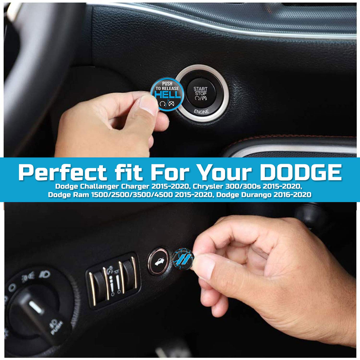 TOOLEPIC Engine Start Stop Button Overlay for Dodge Ram 1500, Challenger, Charger, Durango 2015-2024 - Baby Blue Sticker Emblem - Model TE-SB-HL