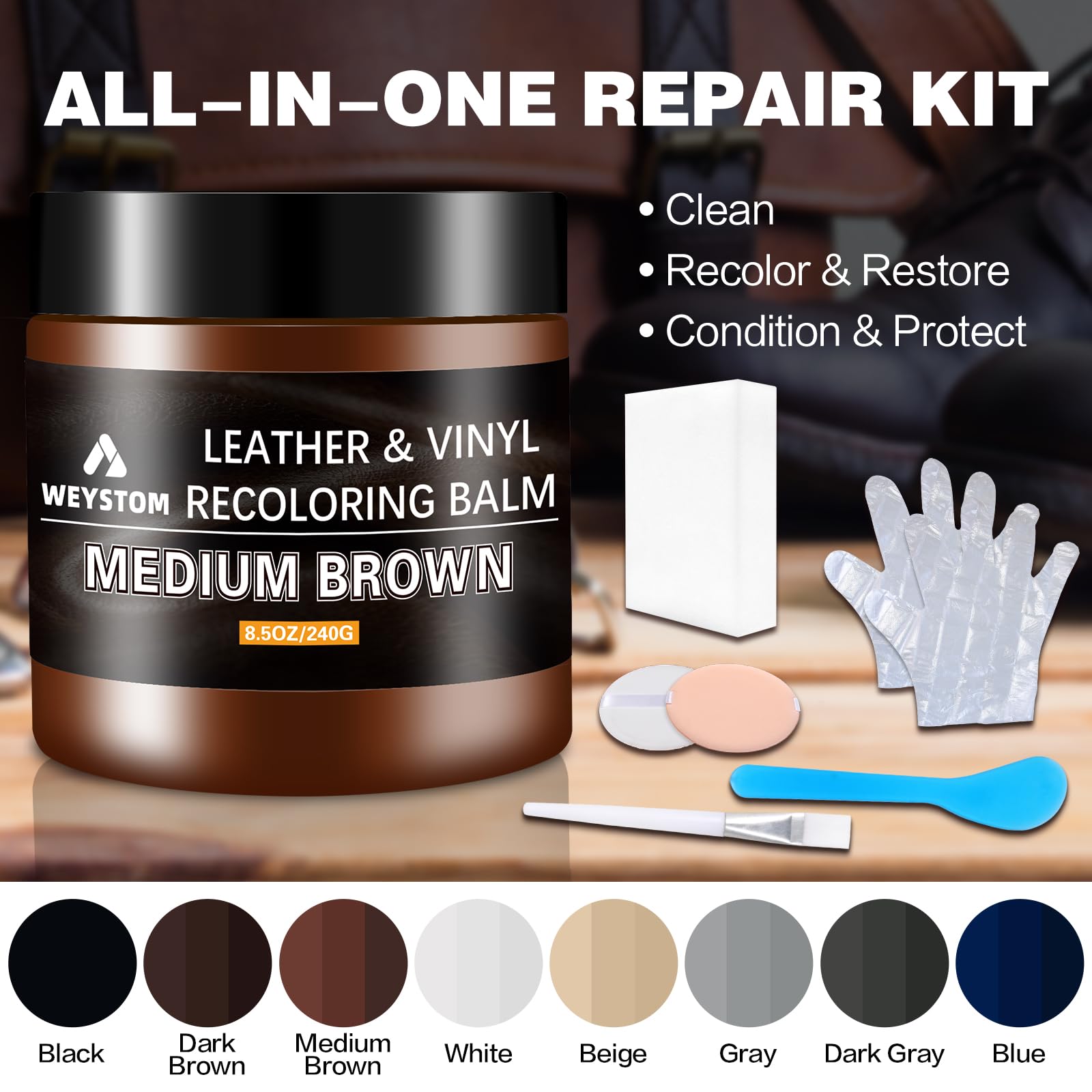 WEYSTOM Leather Recoloring Balm - Medium Brown Leather Repair Kit for Furniture, Dye, Recolor, Renew, Repair & Restore Aged, Fad