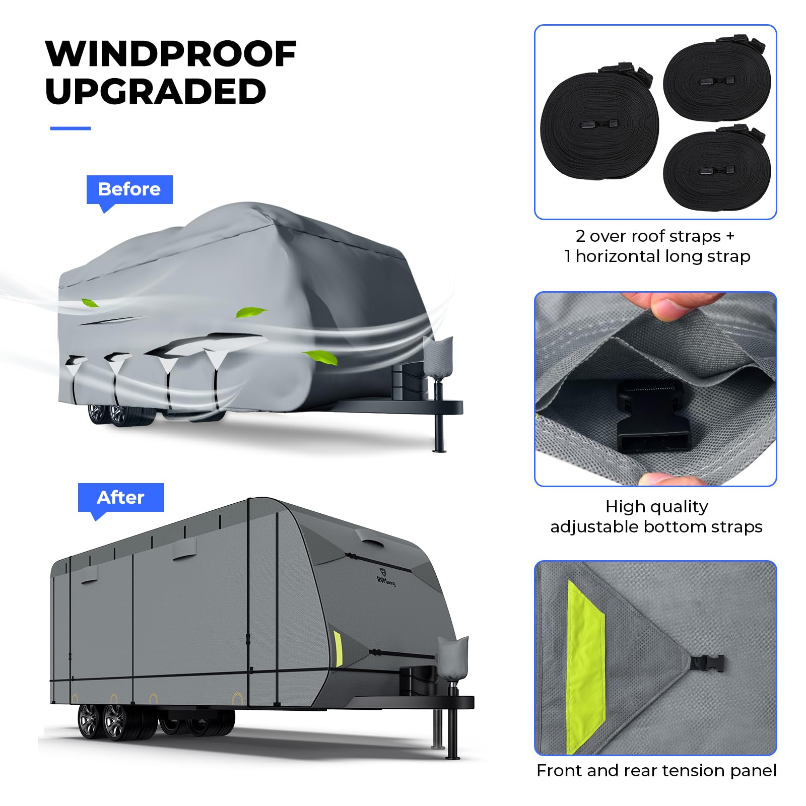 RVMasking RV Cover 15-18ft, 7 Layers Waterproof Windproof, Durable Nonwoven Fabric, Medium Gray, Includes Tire & Tongue Jack Covers