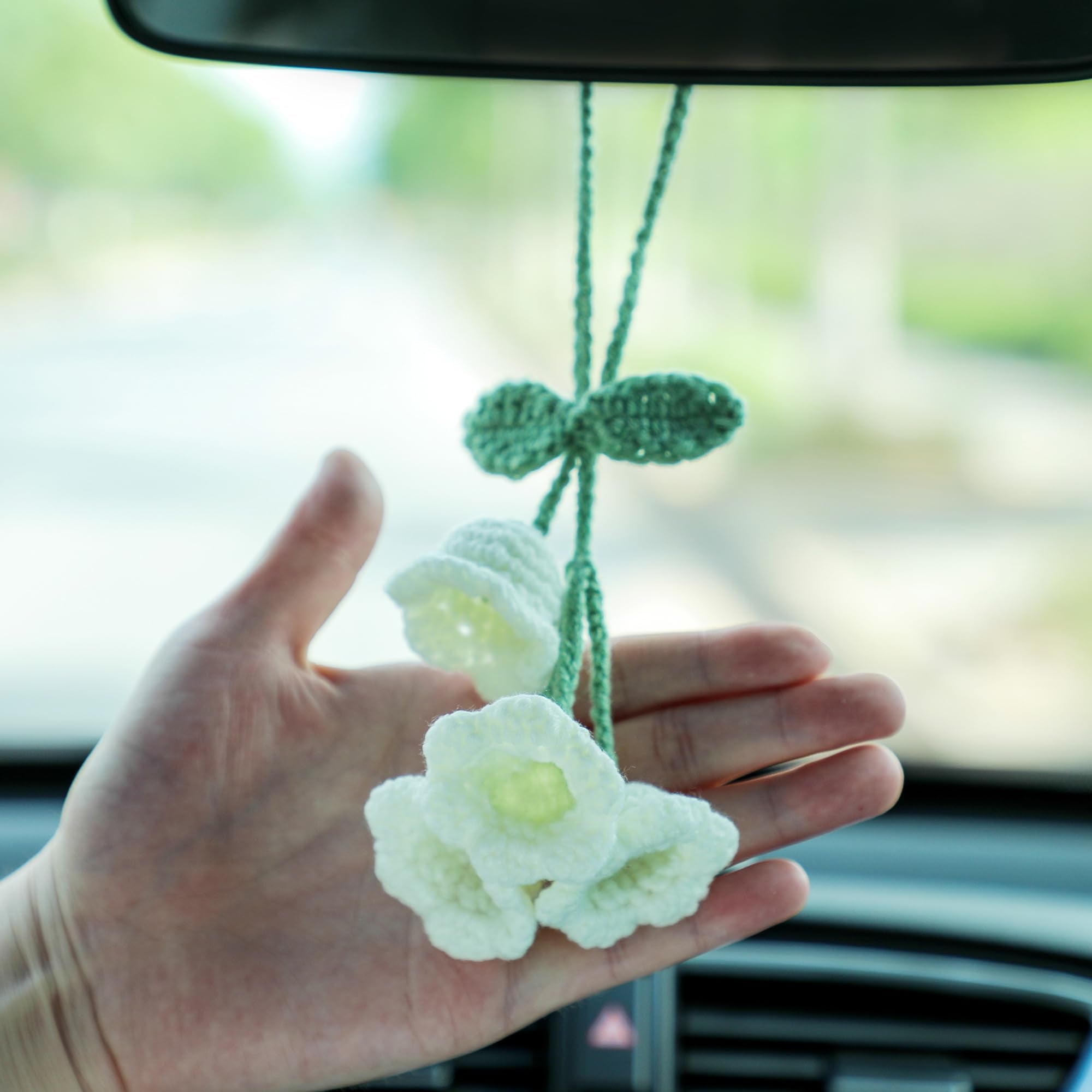 Car Mirror Hanging Accessories Lily Flower Handmade Knitted Car Pendant,Cute Car Decorations For Women Crochet Rearview Mirror A