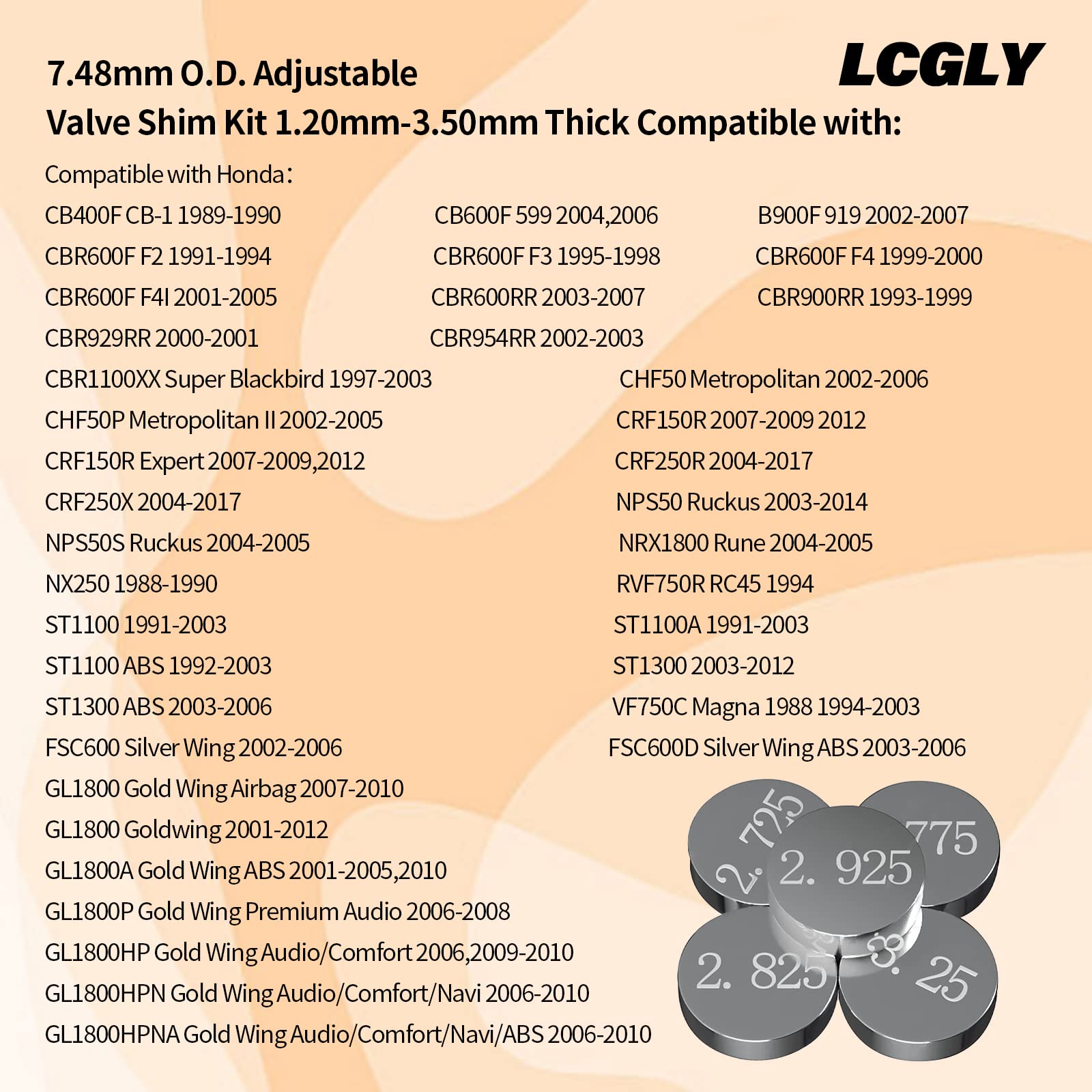 LCGLY 7.48mm O.D. Adjustable Valve Shim Kit 1.20mm-3.50mm Thick Fit for Yamaha YZ250F 2001-2012/Kawasaki KLX300R 1997-2005 KX250