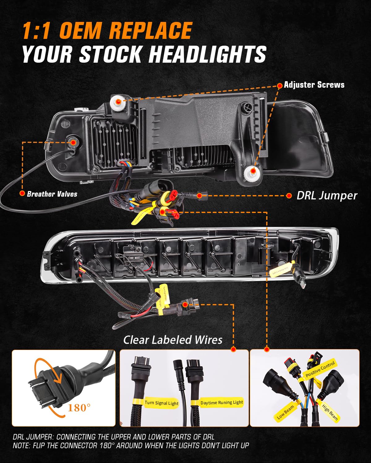 RAMJET4X4 LED Headlights Assembly for 1999-2002 Chevy Silverado, 2000-2006 Suburban/Tahoe, Hi/Low Beam, Black, Model RA-CS