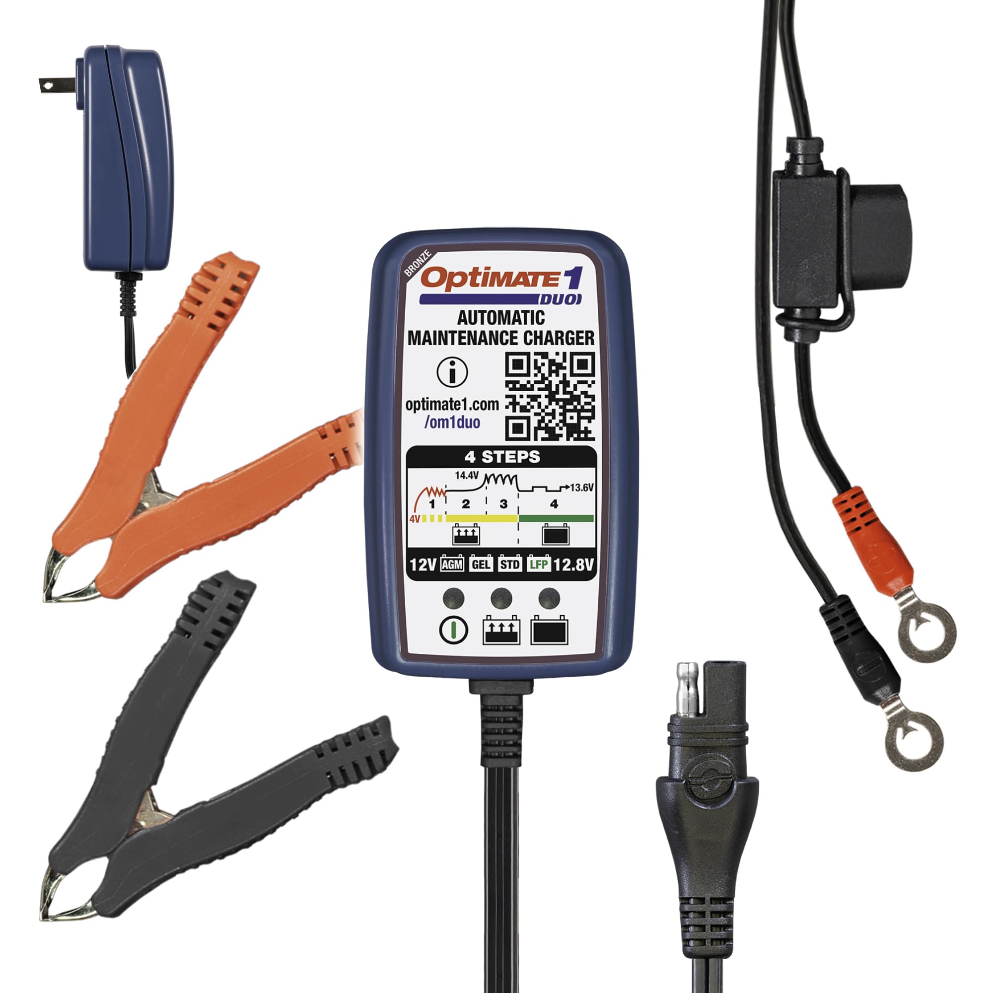 OptiMate 1 DUO, 0.6A Automatic Battery Charger & Maintainer for all 12/12.8V Motorcycle and Powersport Batteries
