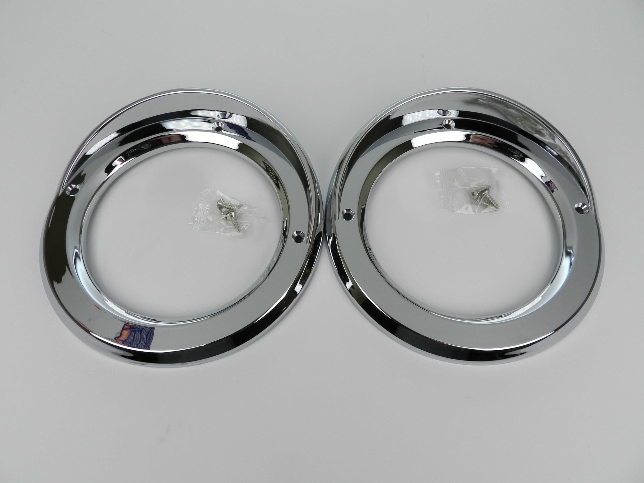 United Pacific (2) Round Chrome Visor Bezels/Covers 4'' Grommet Mounted Led Stop Tail Lights