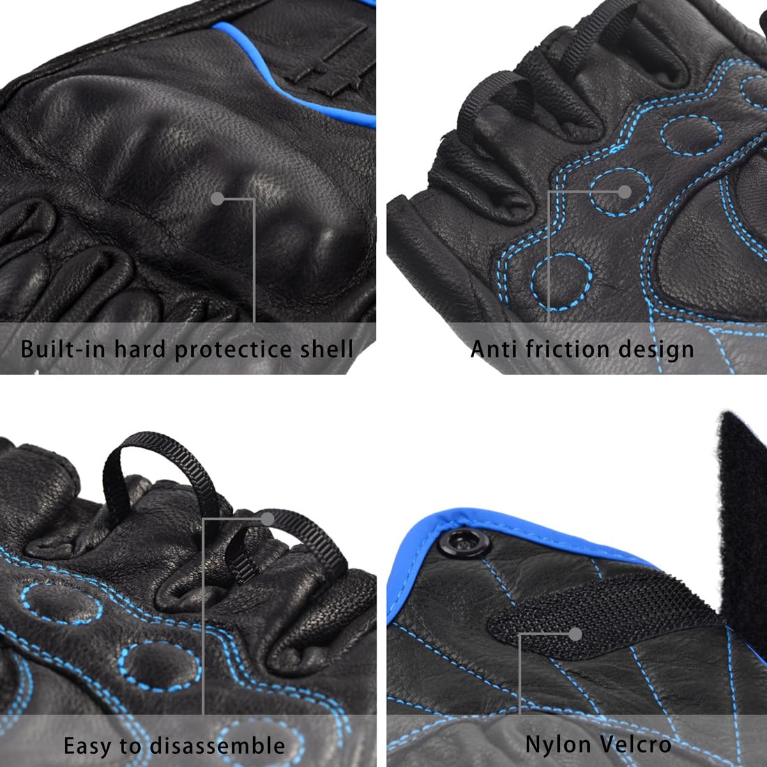 Harssidanzar Fingerless Motorcycle Gloves For Mens Leather Riding Driving Half Finger Gloves Gm037, Black/Blue, Size Small
