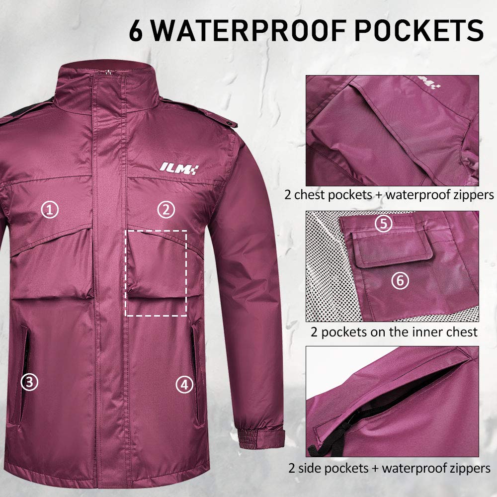 ILM Motorcycle Rain Suit for Women, Waterproof, 2-Piece Set, Large, Wine Red, Model RS02-Women, Wear Resistant, 6 Pockets