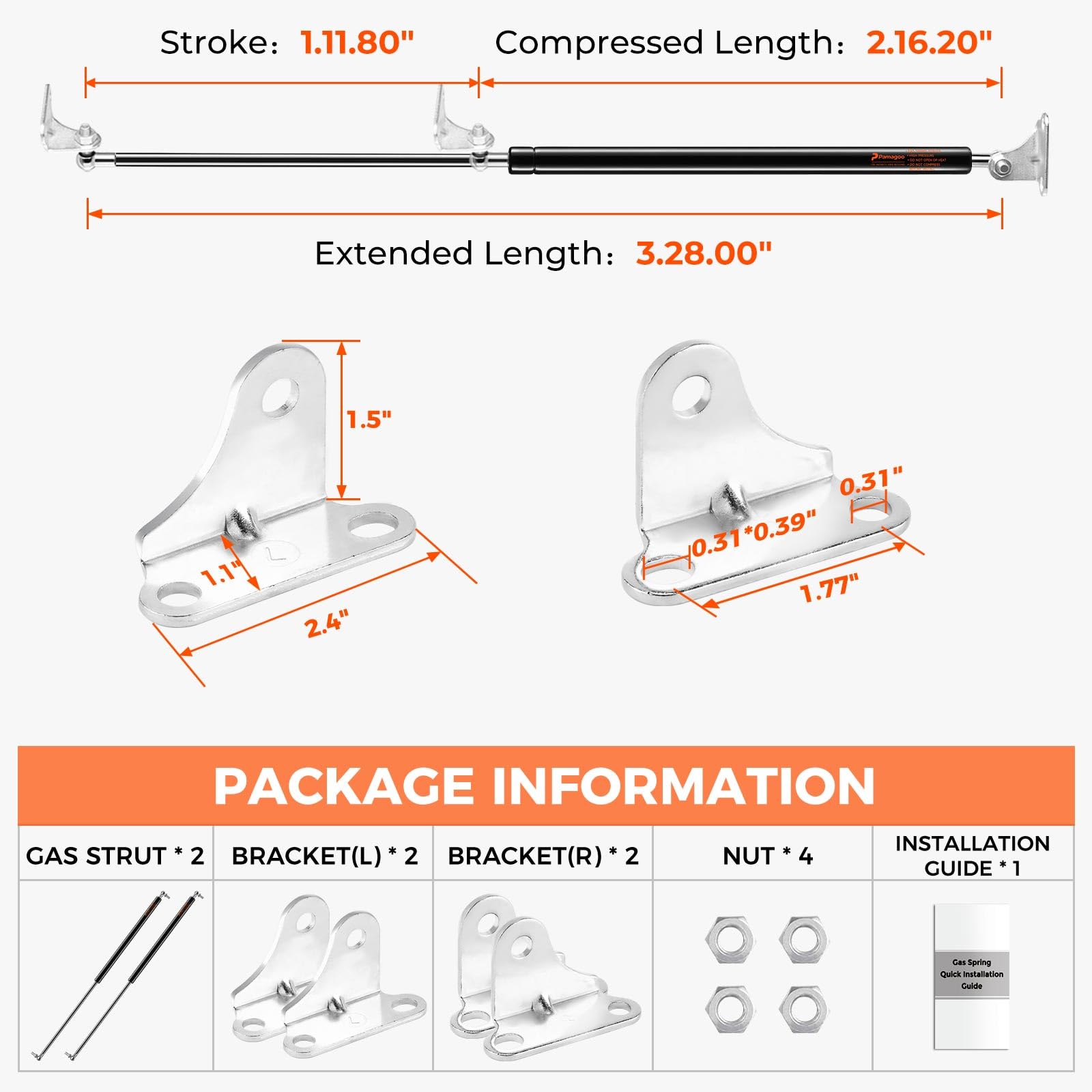 Pamagoo 28 Inch Gas Strut 300 Lbs Per Prop, 28'' Gas Shock Spring With Mounts Brackets Strut For Heavy Bench Lid Basement Floor