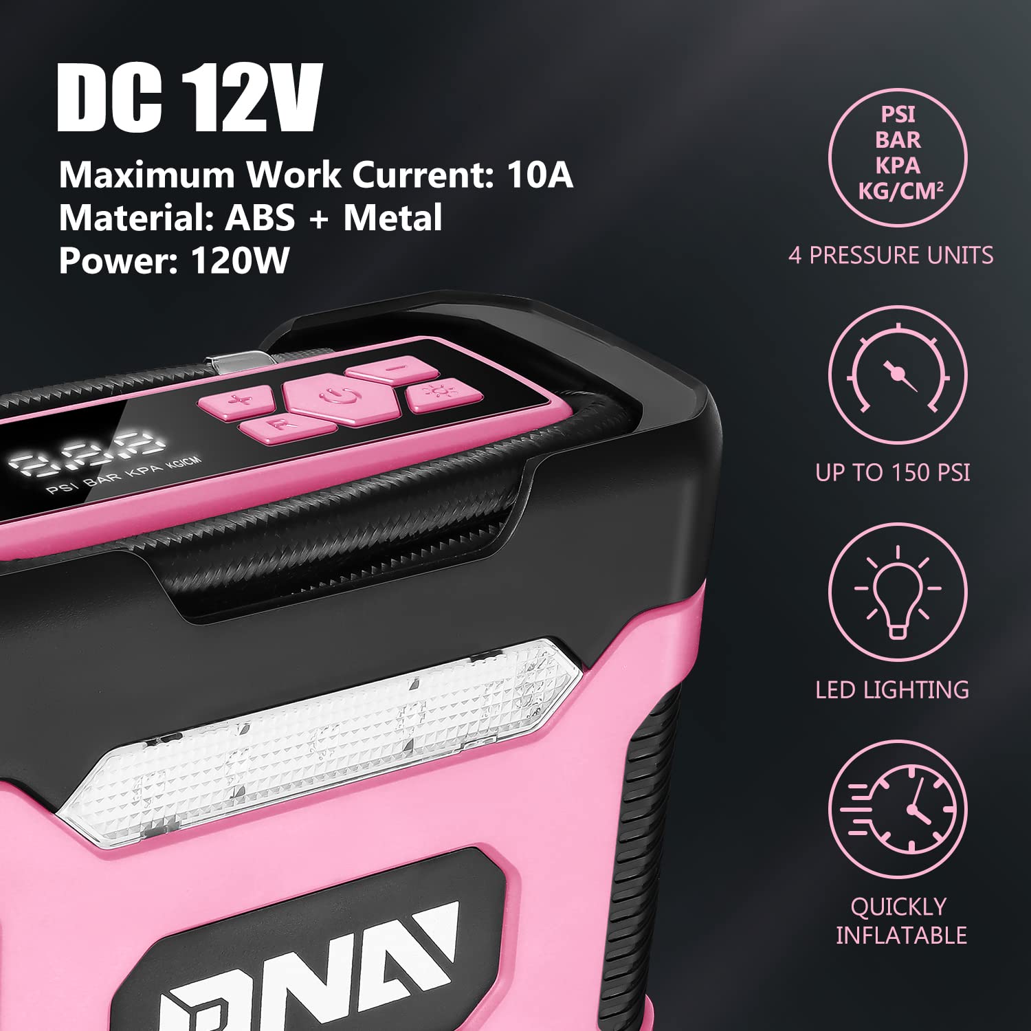 DNA MOTORING Portable 12V DC Digital Tire Inflator Air Compressor, Pink, Model TOOLS-00212, with Pressure Gauge for Cars and Bicycles