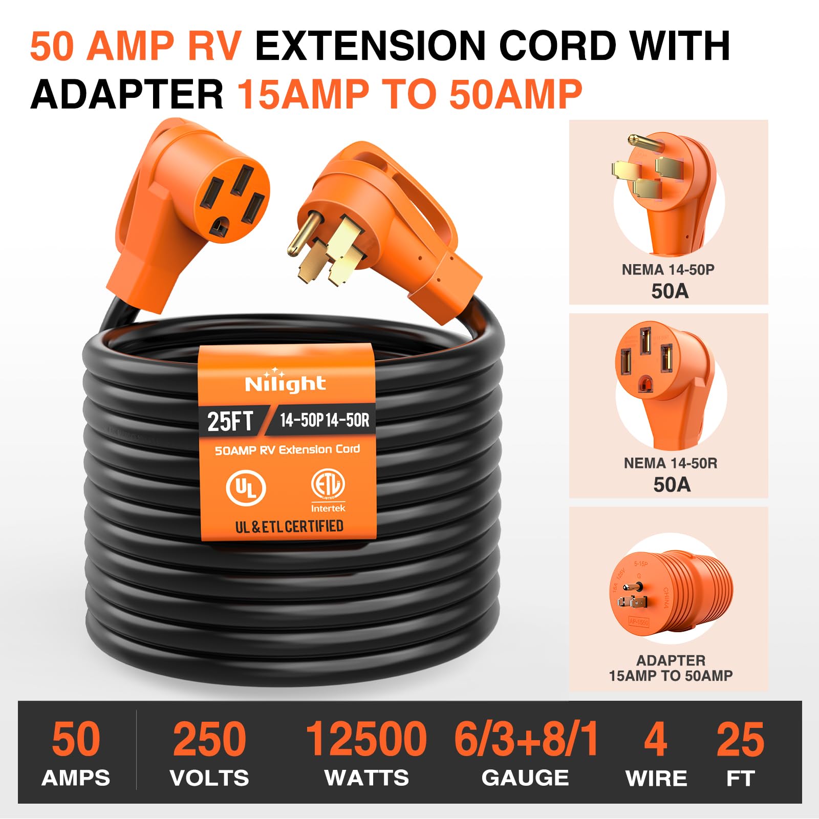 Nilight 25Ft 50 Amp Rv Extension Cord With Adapter 15Amp To 50Amp 250V Heavy Duty 6/3+8/1 Gauge Pure Copper Stw Wire Ul Etl List