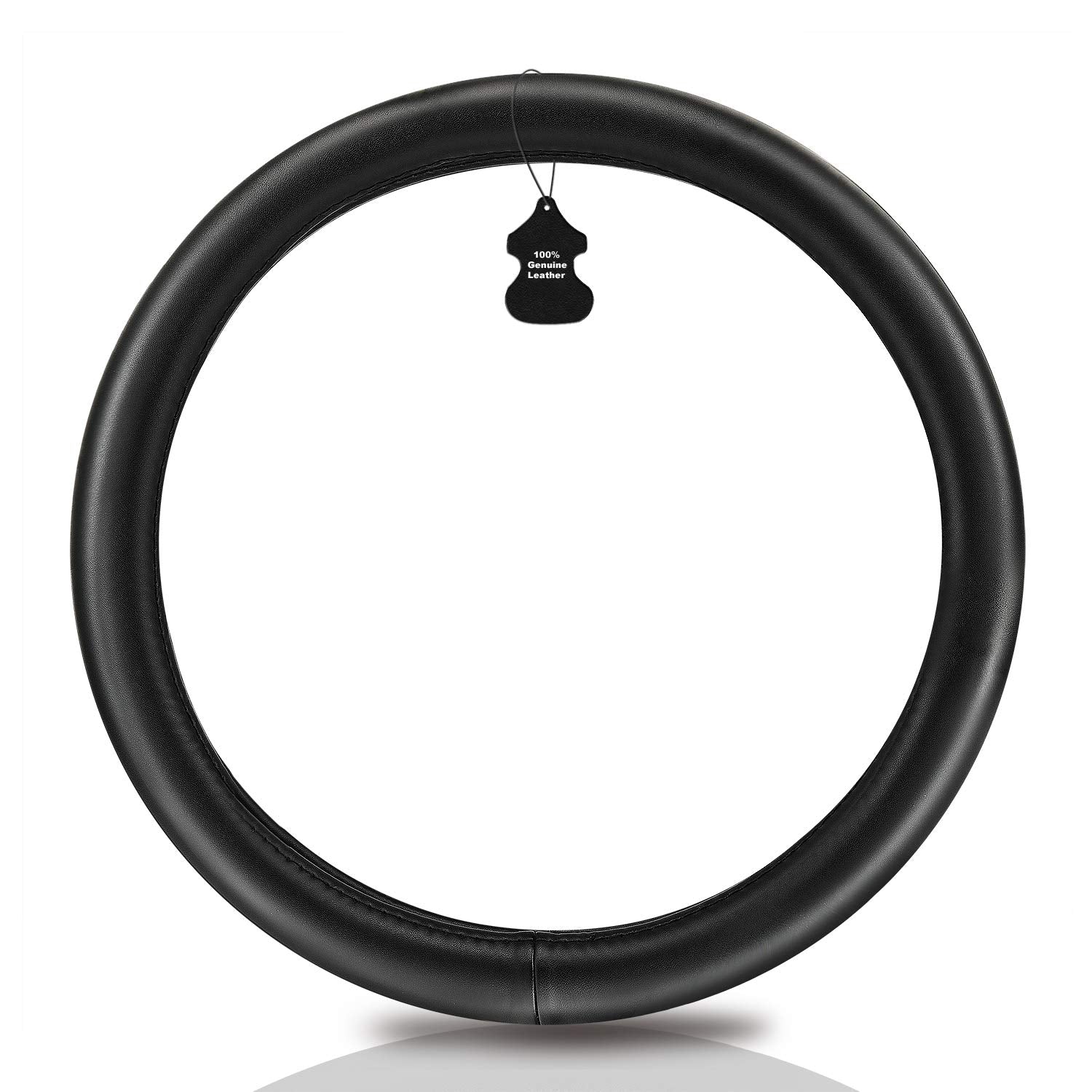 HAOKAY Heavy Duty Leather Steering Wheel Cover, Universal 14.5-15 Inch, Black, Model AH-001