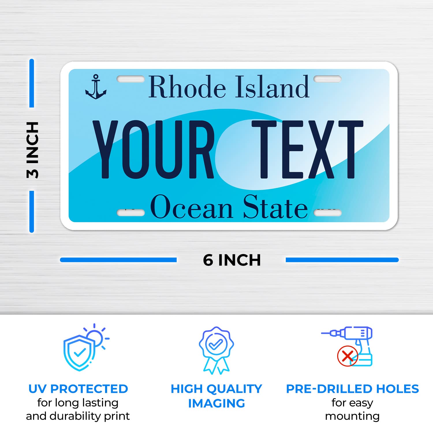 Sigo Signs Custom Rhode Island Mini License Plate, 3x6 Inches, Rust-Free Aluminum, Personalized Front Car Sign