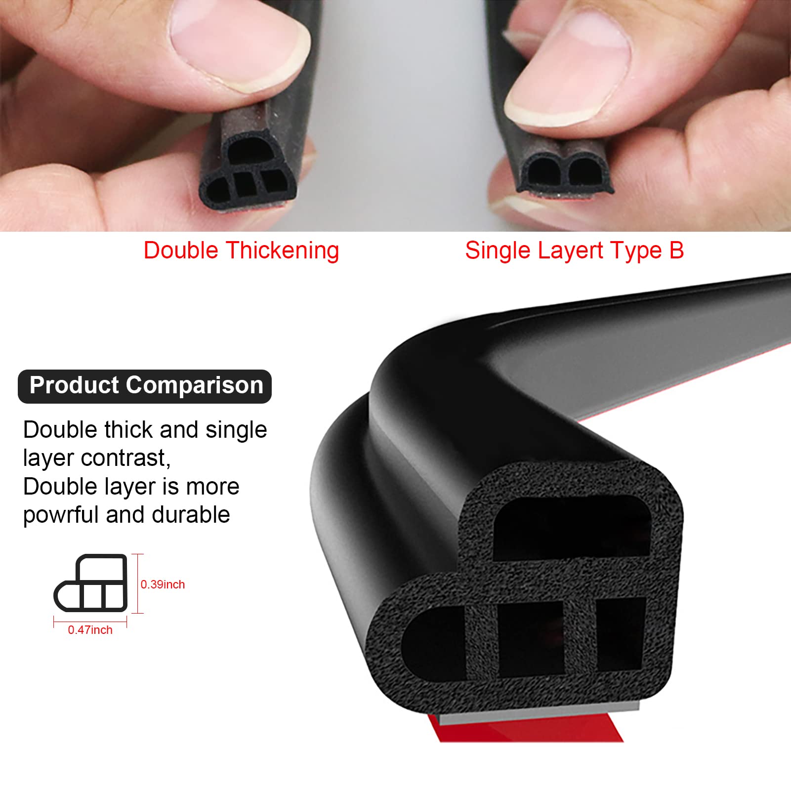 DOTAATDW Car Door Seal Strip - 52.49Ft Self-Adhesive Weather Stripping, Double Layer, Black Rubber, Model GYT002
