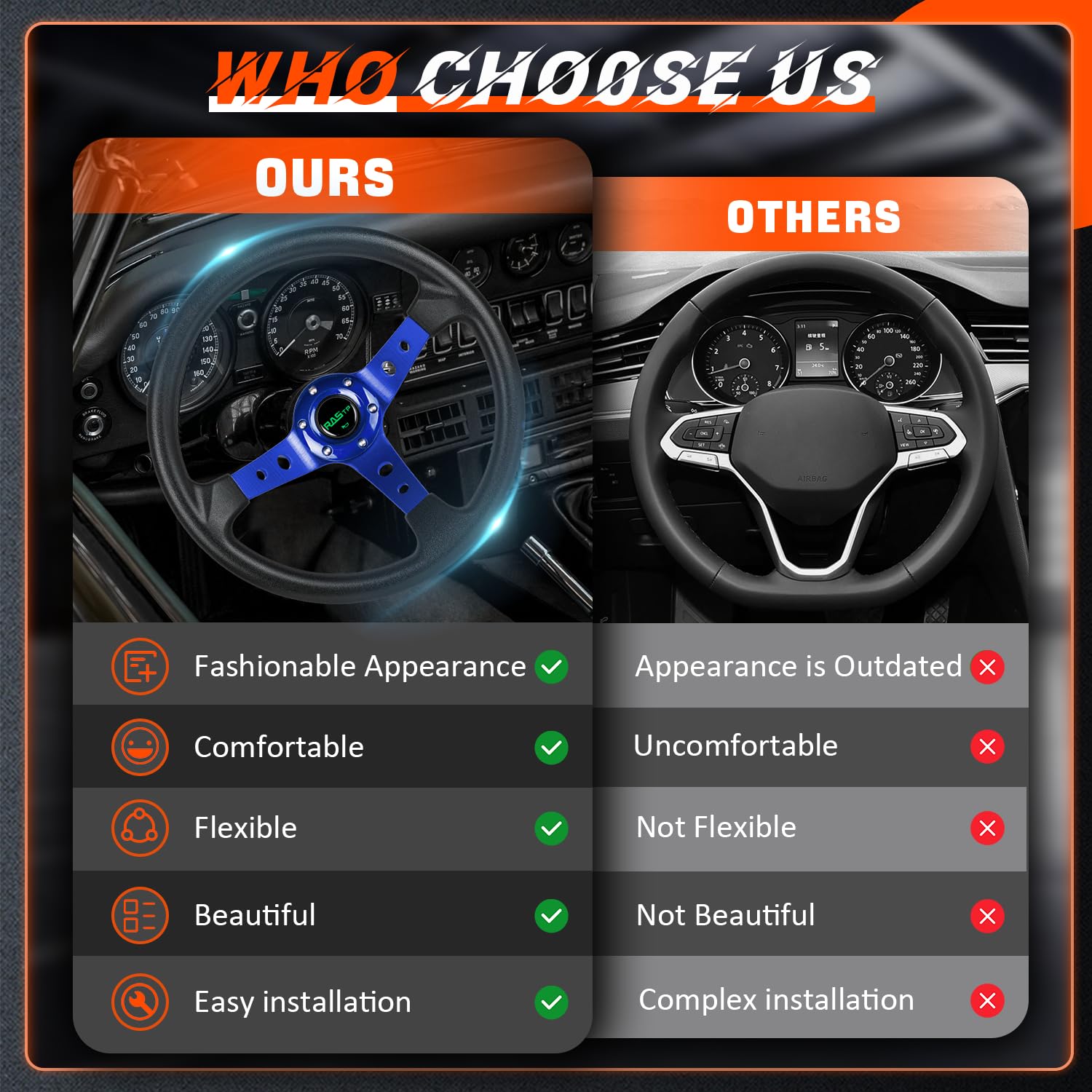 RASTP Universal Racing Steering Wheel 13.8" Blue Vinyl Leather & Aluminum, Drifting Deep Dish, Model RS-STW020-TP-Blue