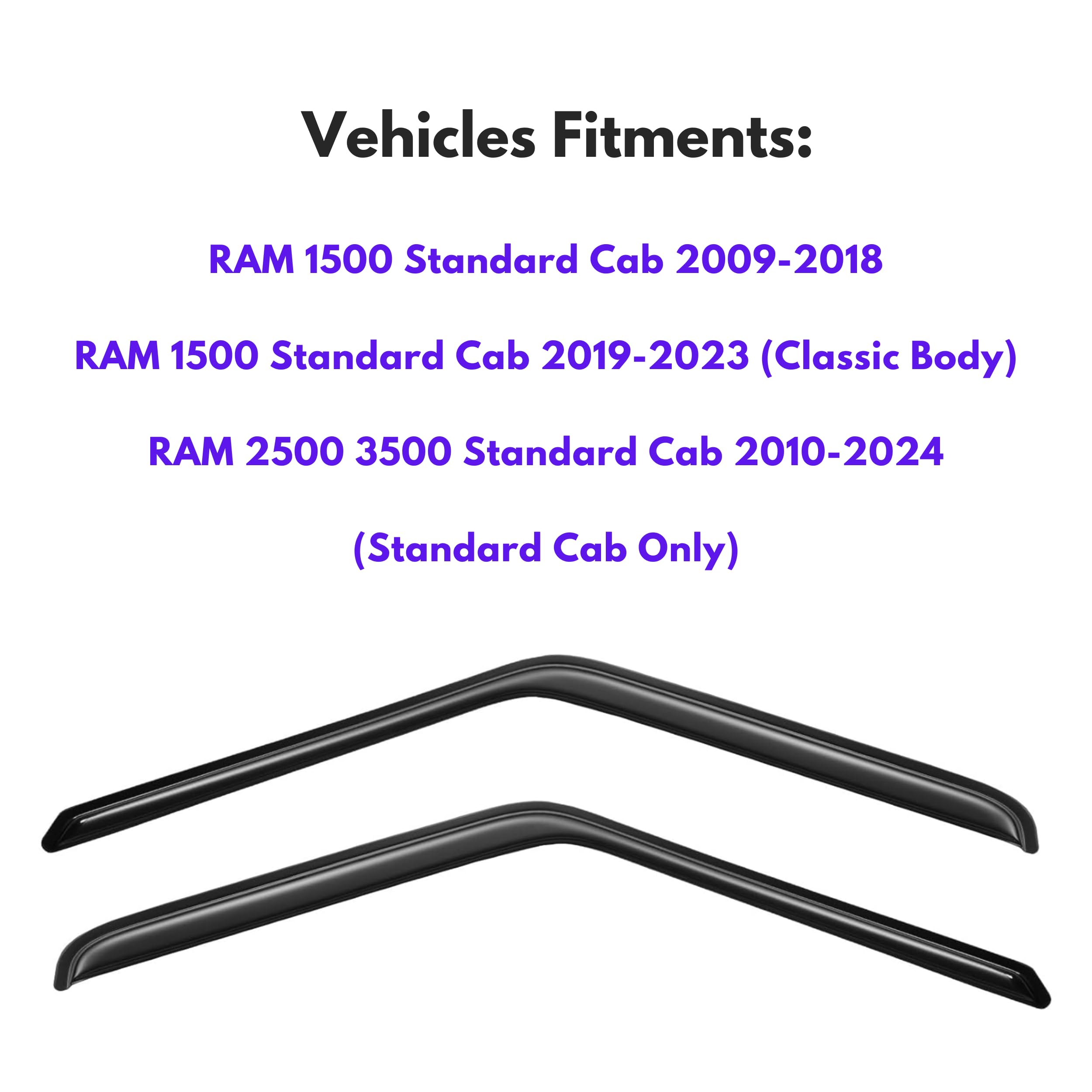 Kpy Window Visor Compatible With 2009-2018 Ram 1500 Standard Cab, Ram 1500 (Classic Body) 2019-2023, Ram 2500 3500 2010-2024, 2P