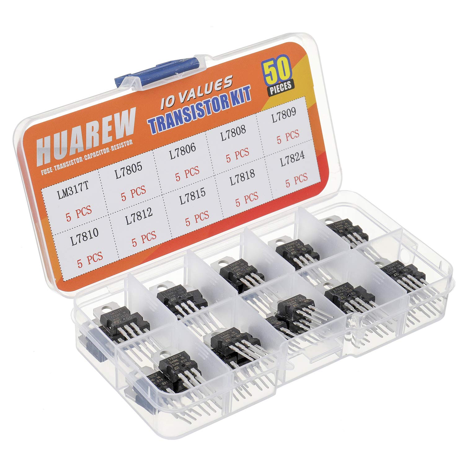 Huarew 10 Values 50 Pcs Positive Fixed Voltage Regulator Lm317T L7805 L7806 L7808 L7809 L7810 L7812 L7815 L7818 L7824 To-220 Pac