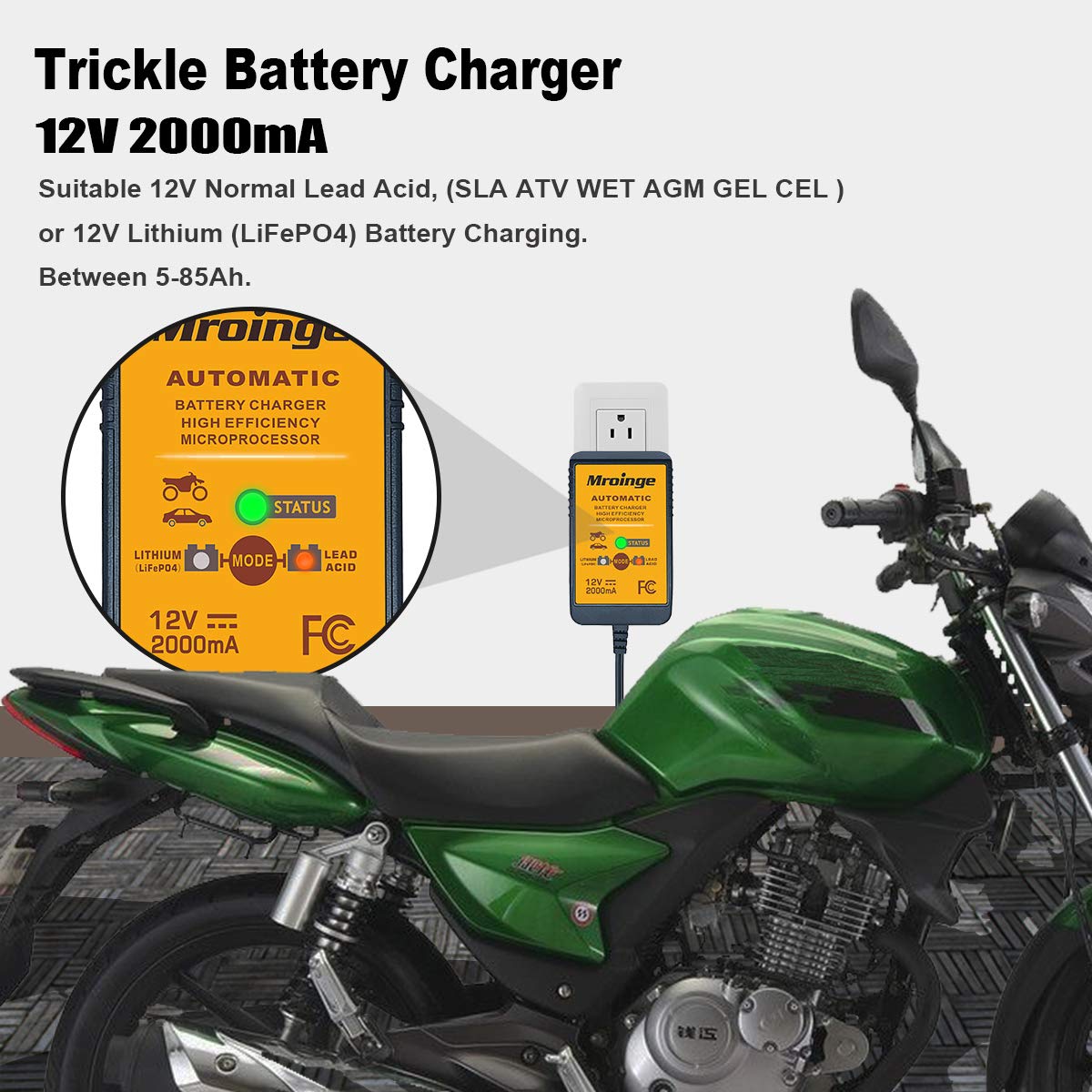 Mroinge 12V 2A Smart Battery Charger for Lead Acid & Lithium Batteries - Black