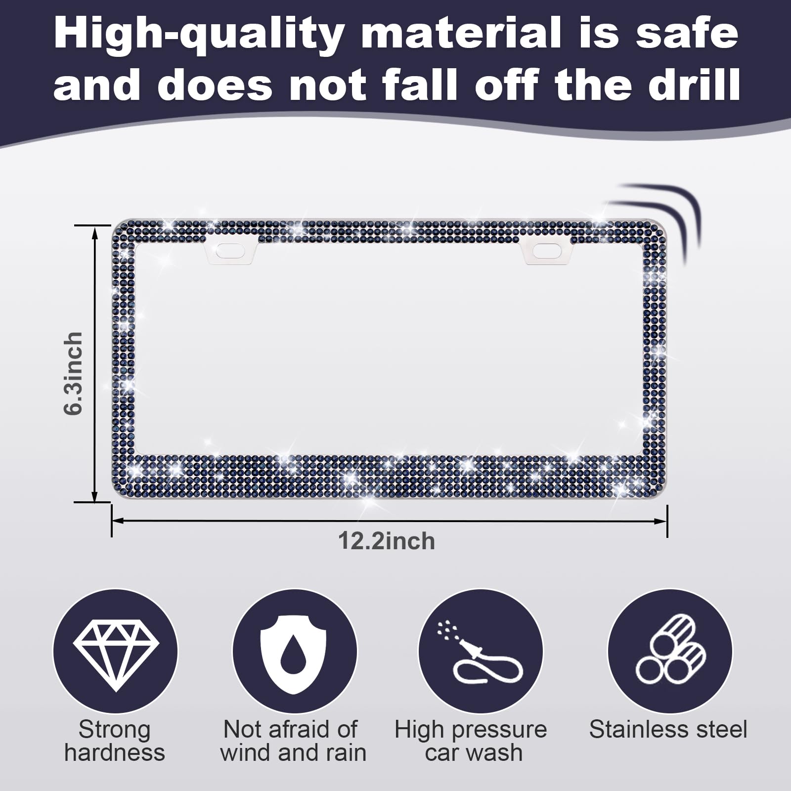 QUANQIUFEI Bling License Plate Frames for Women, Rhinestone Stainless Steel, Navy Blue, Model CPK-001, Sparkly Car Accessories
