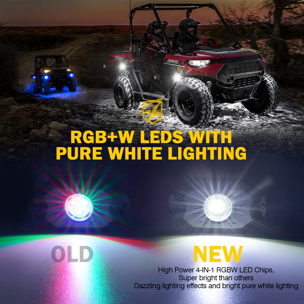 Xprite Rgbw Led Rock Lights Kit With Bluetooth & Wireless Remote Controller, Multicolor Cars Underglow, Wheel, Footwell Neon Lig