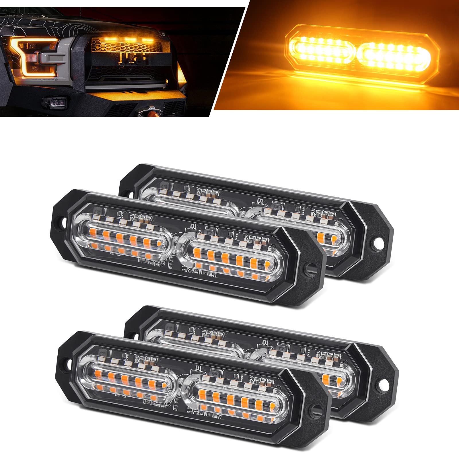 Led Grille Lights for Trucks, 12 Amber Led, Upgraded Waterproof Emergency Surface Mount Grill Strobe Light, Mini Warning Flashin