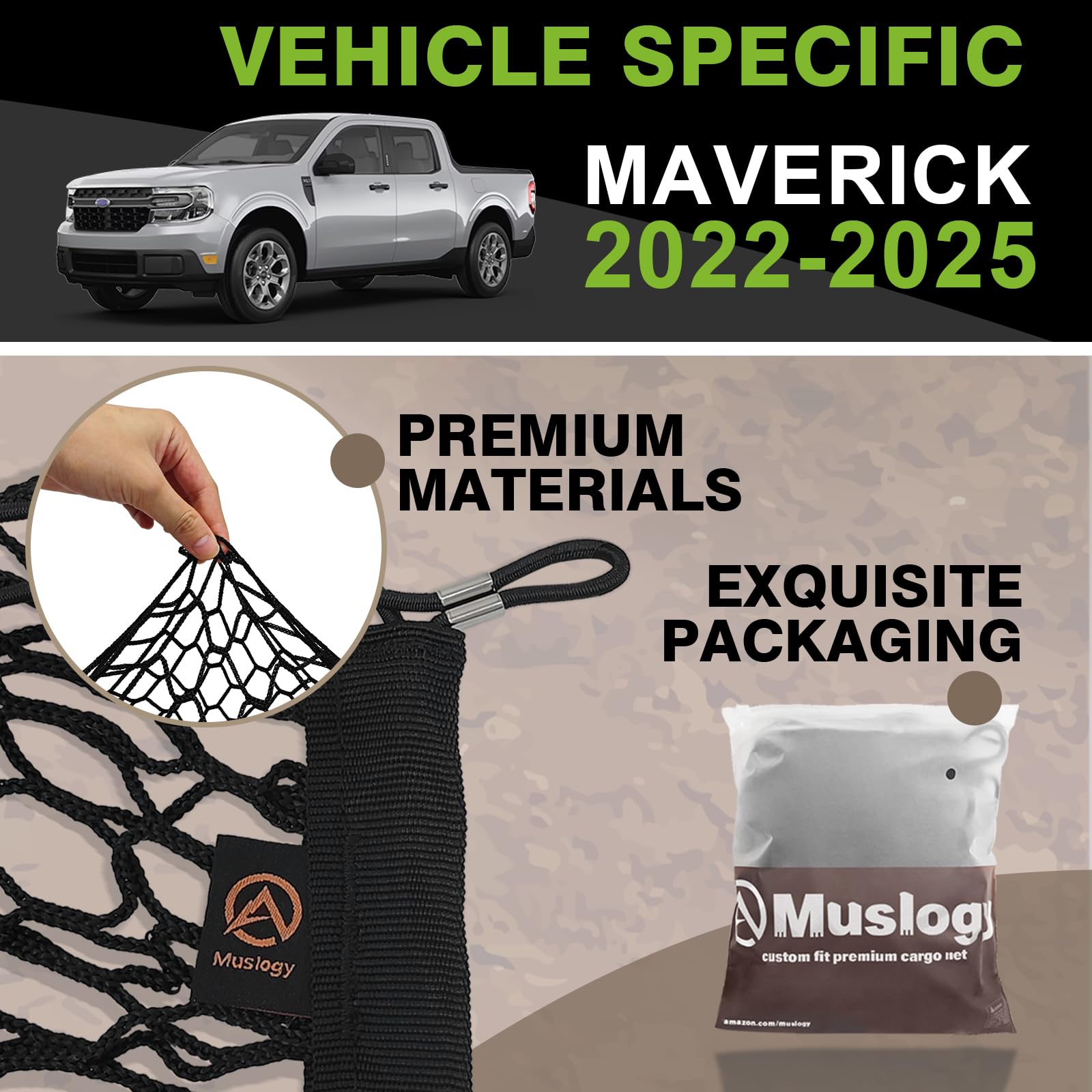 Muslogy Cargo Net Accessories for Ford Maverick XL XLT 2021-2022 - Stretchable Trunk Organizer with Hooks, Model MS-CN-PK