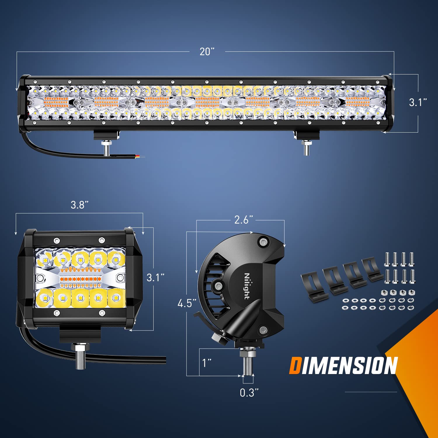 Nilight 20Inch 420W Led Light Bar 2Pcs 4Inch 60W Light Pods Amber White Strobe 6 Modes Memory Function Reset Function Off Road T