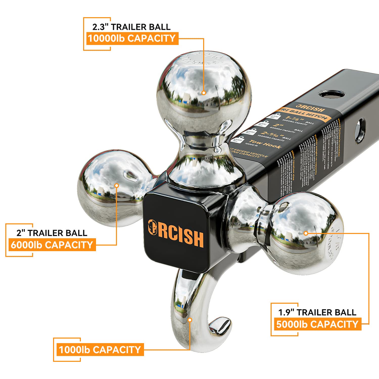 ORCISH Trailer Hitch Tri-Ball Mount - 1-7/8", 2", 2-5/16" - Alloy Steel, 2 Inch Hitch Receiver, Classic, Model AY