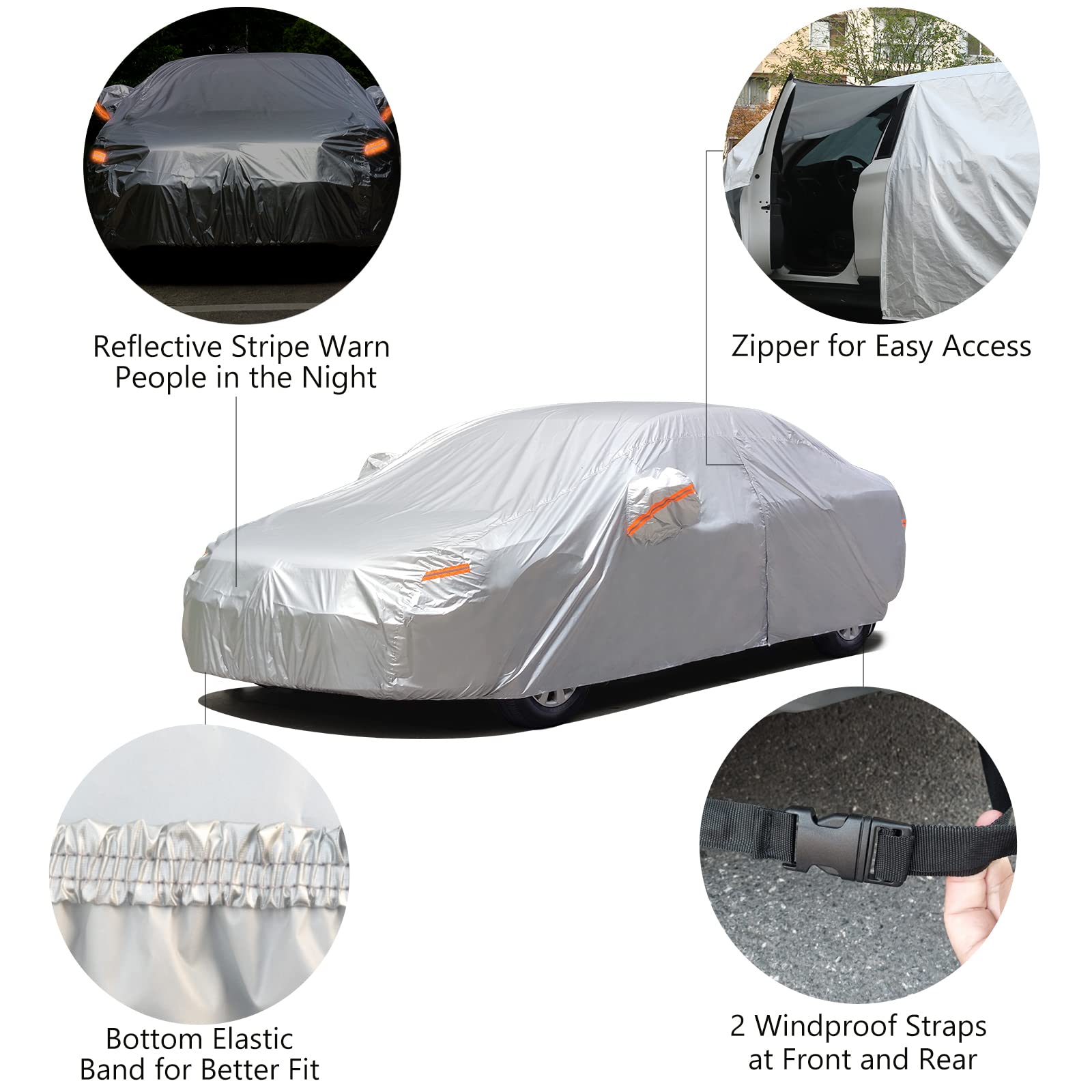 Seazen Car Cover With Zipper, 2 Layer Full Car Covers Waterproof/Uv Protection/Snowproof/Dustproof, Universal Car Cover (Fit Sedan-Length Up To 200)