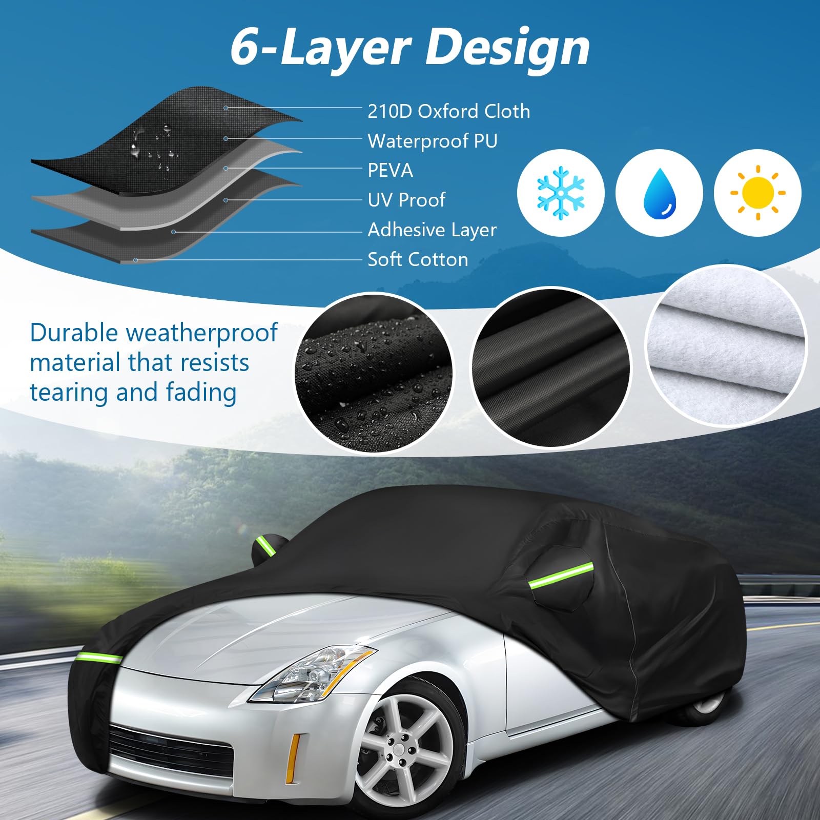 BIGACOVER Waterproof Car Cover for 2003-2009 Nissan 350Z, Heavy Duty 210D Oxford Cloth, Black, All Weather Protection