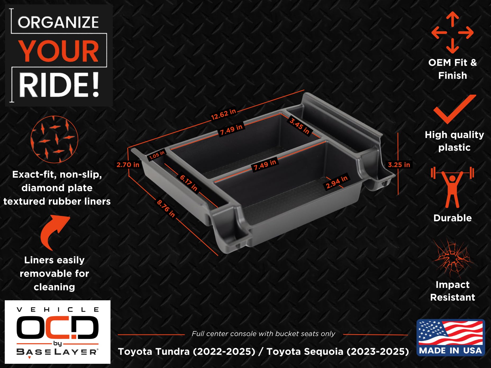 Vehicle OCD Center Console Organizer Tray for Toyota Tundra/Sequoia, Black, SLX184, Made in USA, 2022-2026, Not Compatible with Center Console Safe