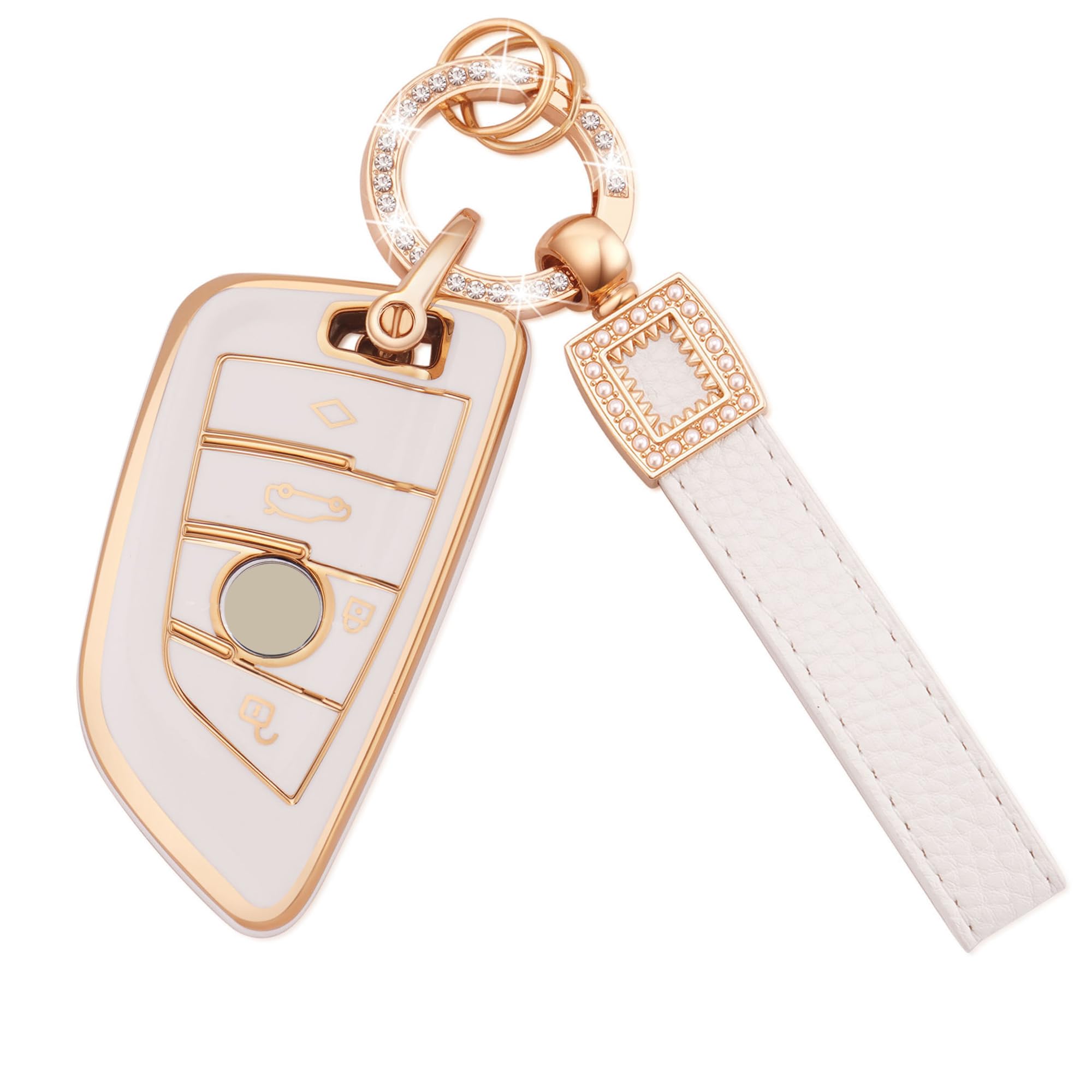 EKALA for BMW Key Fob Cover Soft TPU Full Protection Smart Key Case Shell White with Leather Keychain Lanyard Fit for BMW X1 X2 