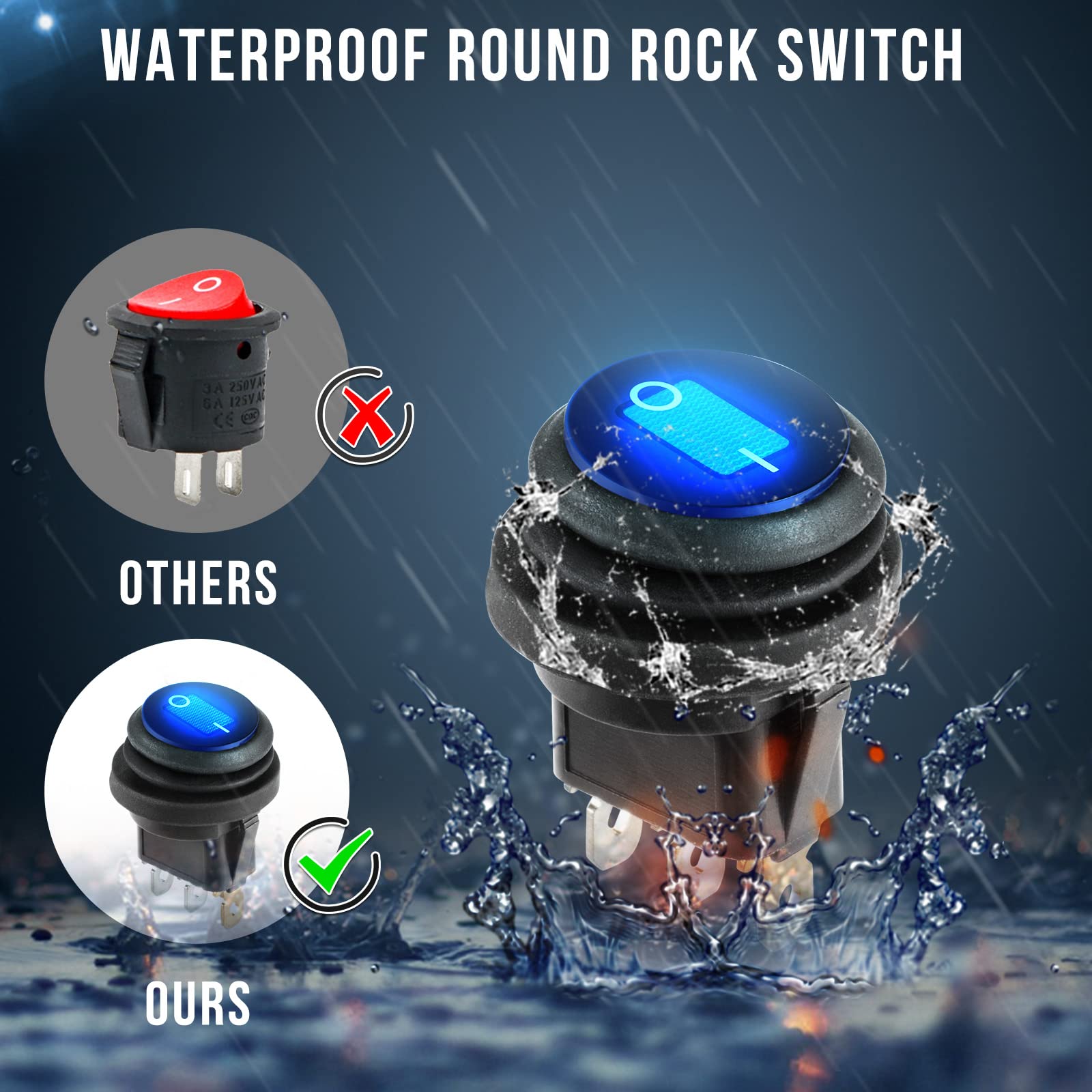 12 Volt Toggle Switch Waterproof 2 PCS, Blue LED Lighted Round Rocker Switch Panel with 6 Hot-Melt Terminals and 20cm Detachable