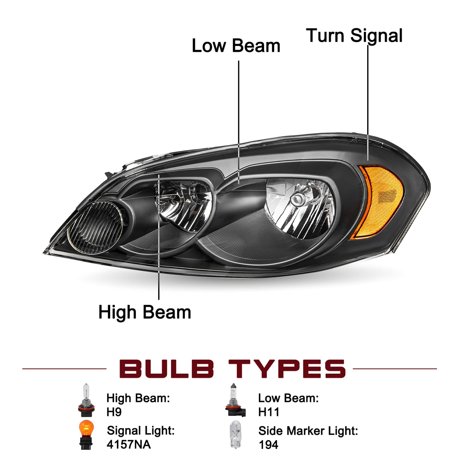 JSBOYAT Headlight & Tail Lights Assembly Pair Set for 2006-2013 Chevy Impala, Black & Amber, OE Direct Replacement, w/o Bulbs
