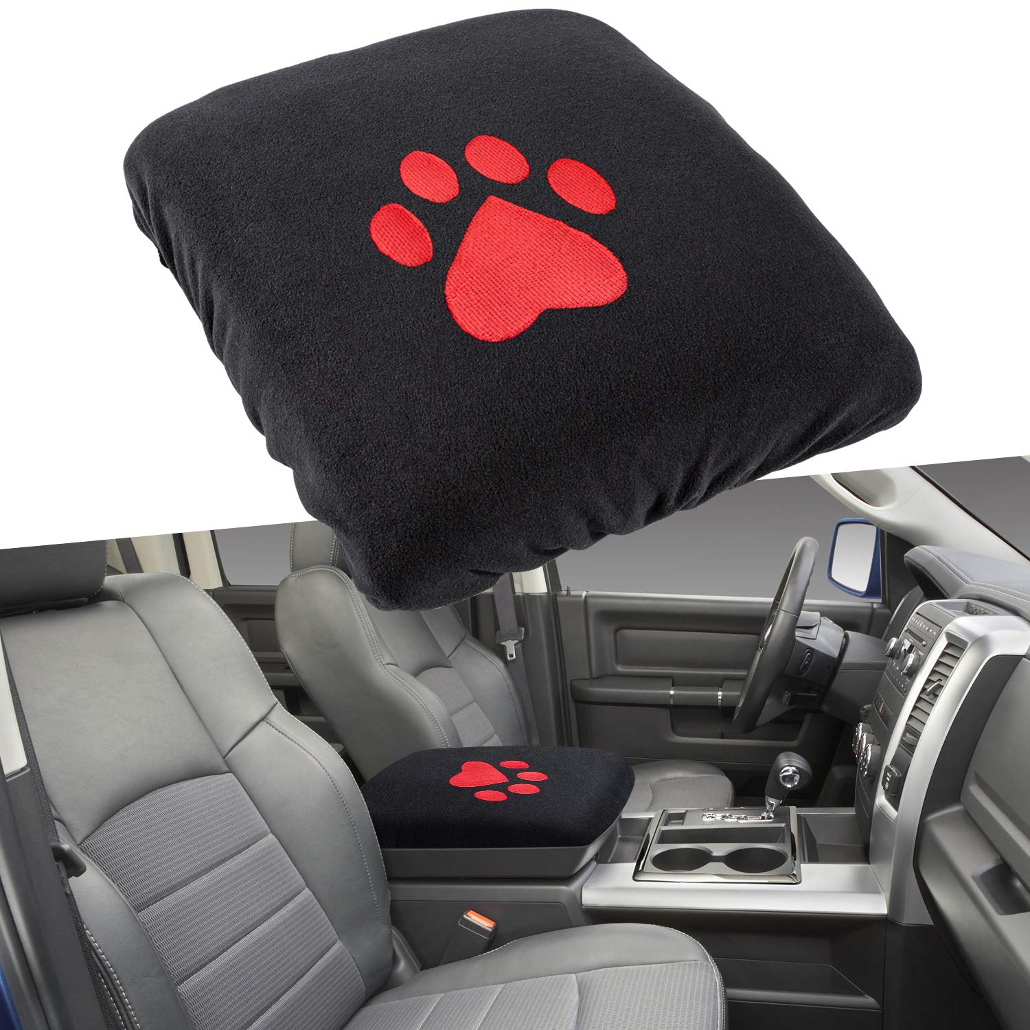 Center Console Armrest Pad Cover For Dodge Ram 1500 2500 3500 4500 5500 Pickup Trucks 1993-2020 Black Soft Car Armrest Protector Cushion All Seasons (Red Dog Paw)