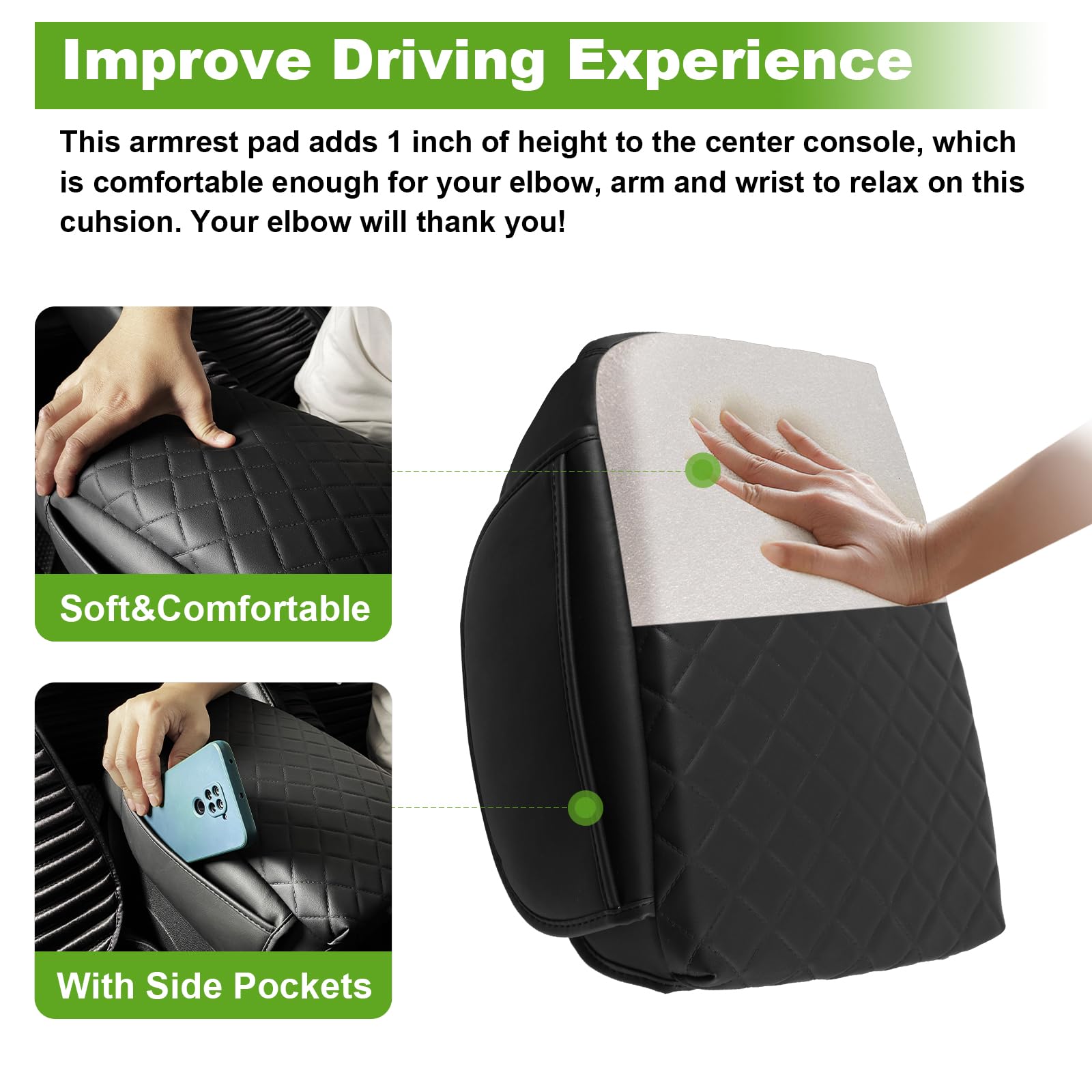 SDPVorn Armrest Cover for Jeep Wrangler Center Console Pad with Organizer Storage Pockets, Black Faux Leather Arm Rest Lid Prote