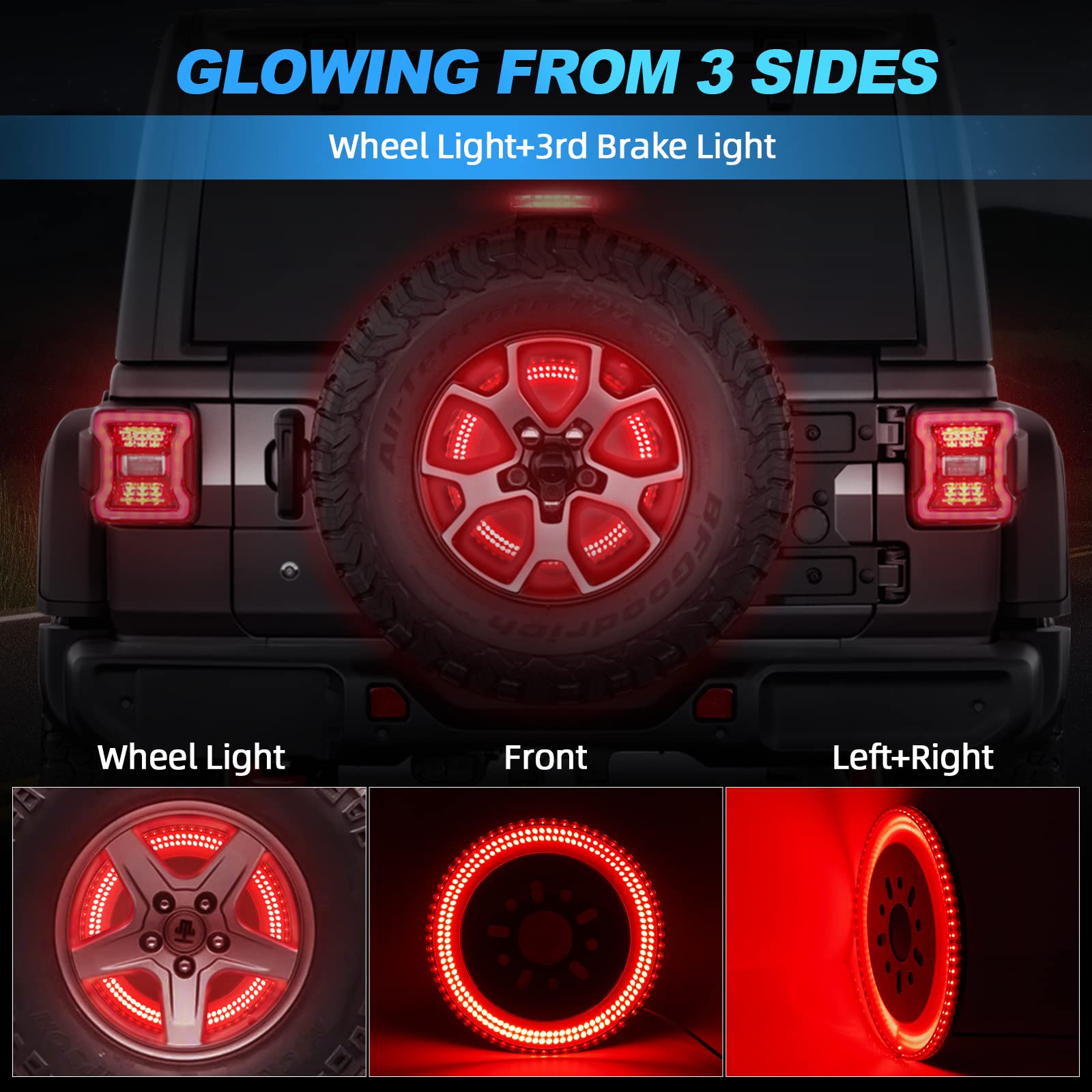 SUPAREE 3-Side Spare Tire Brake Light, 400PCS LED, Fits Jeep Wrangler JL JLU 2018-2025, Bright Red Light