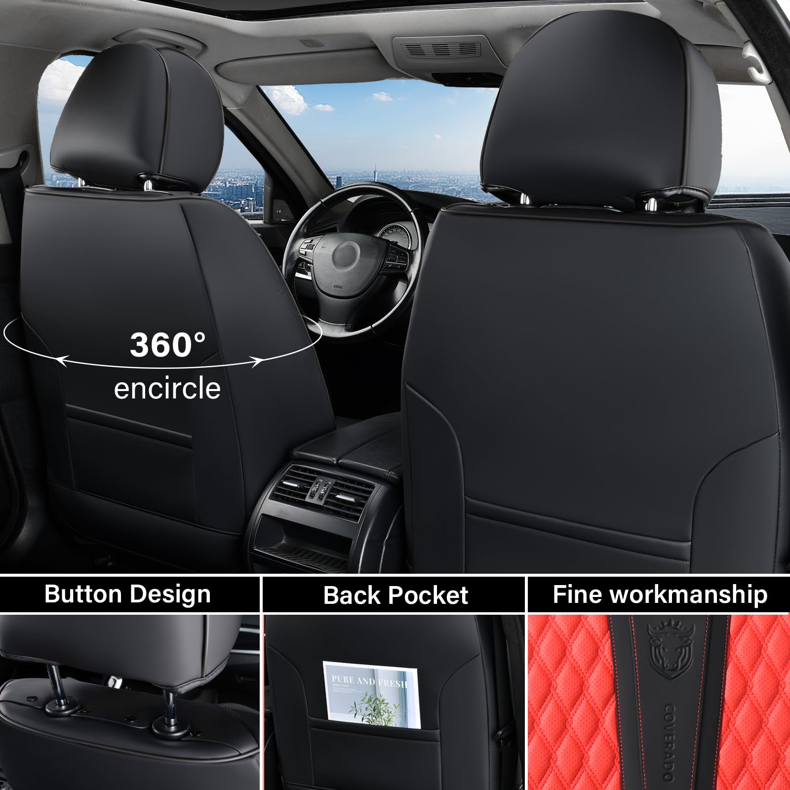 Coverado Car Seat Covers Full Set, 5 Seat Leather Seat Covers for Cars, Car Seat Protector with Lumbar Support, Waterproof Seat