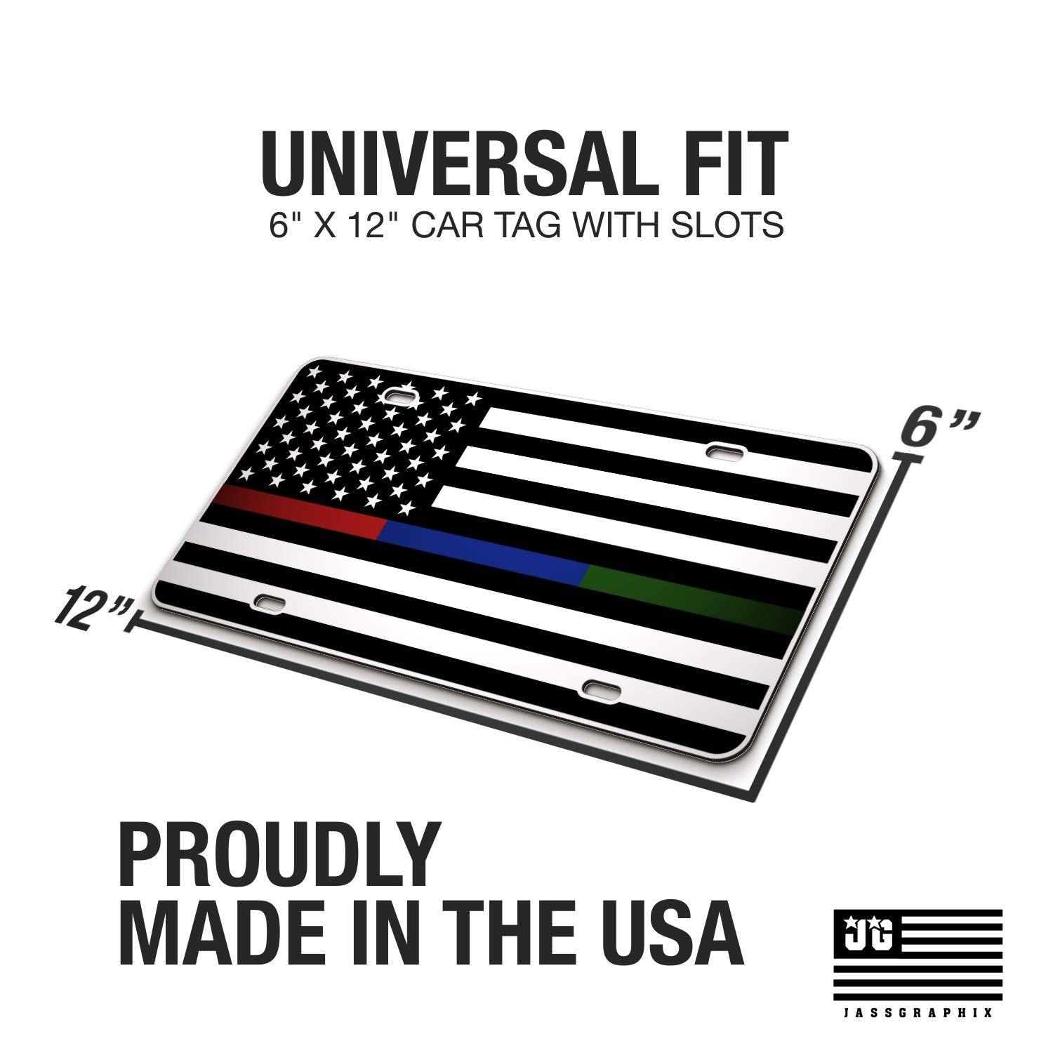 Jass Graphix Thin Blue Line Thin Red Line Thin Green Line American Flag License Plate Matte Black On 1/8 White Aluminum Composite Heavy Duty Tactical Patriot Usa Car Tag