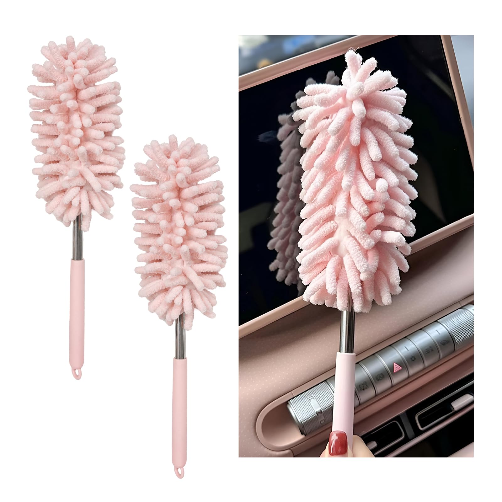NYTKL 2PCS Car Interior Duster with Extension Pole, 11.8 to 30.5 Retractable Dusters Auto Dash Cleaning Tool, Soft Chenille Hand Washable Dusters for Car Window Furniture Office (Light Pink)